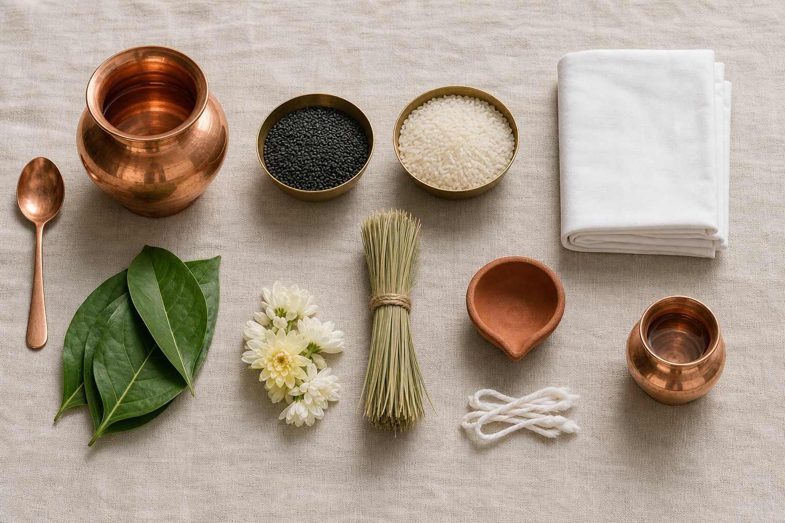 Copper vessels, rice, black sesame, leaves, flowers, kusha grass, a clay lamp and folded cloth are organized for advance ritual preparation.