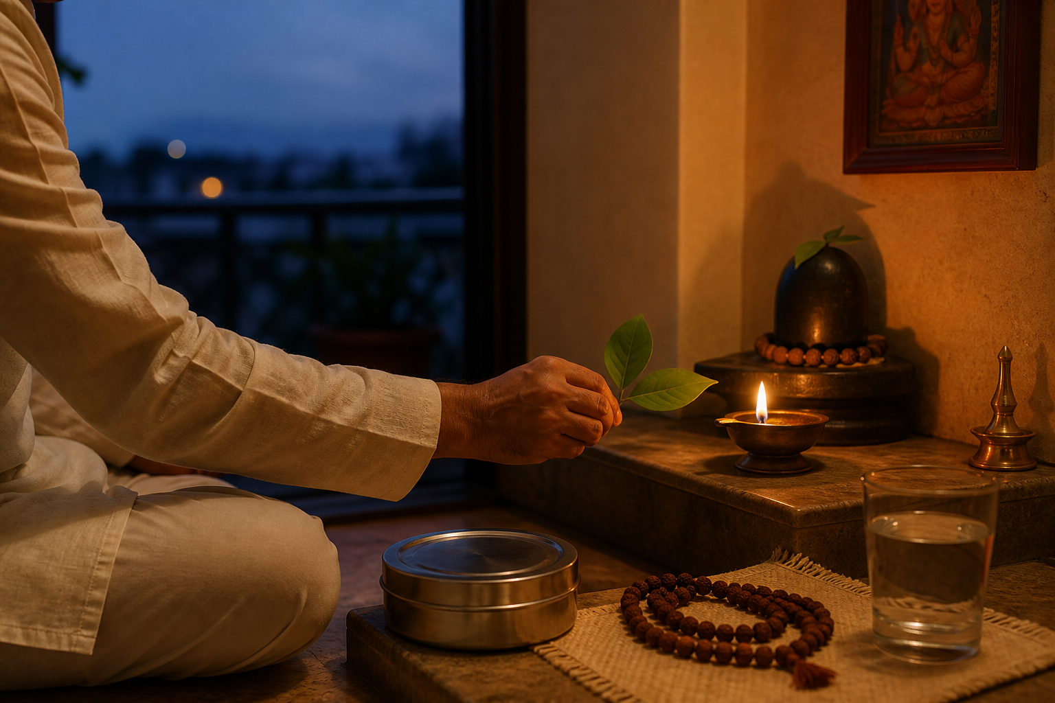 A devotee calmly returns to evening worship by placing a bilva leaf beside a lit lamp after a difficult day.