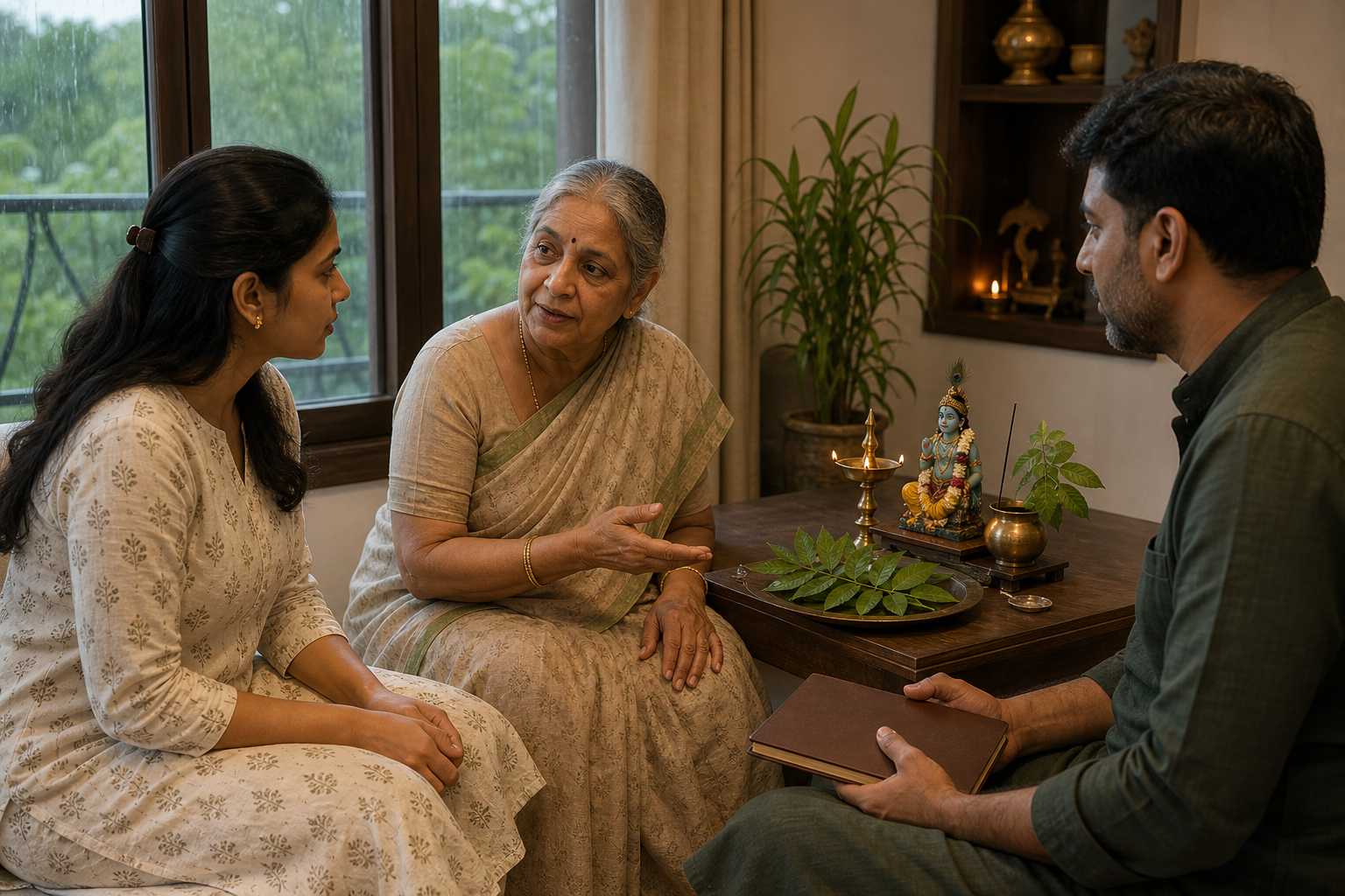 A younger woman consults an older family member beside a simple puja arrangement with a Sri Krishna murti and neem leaves.
