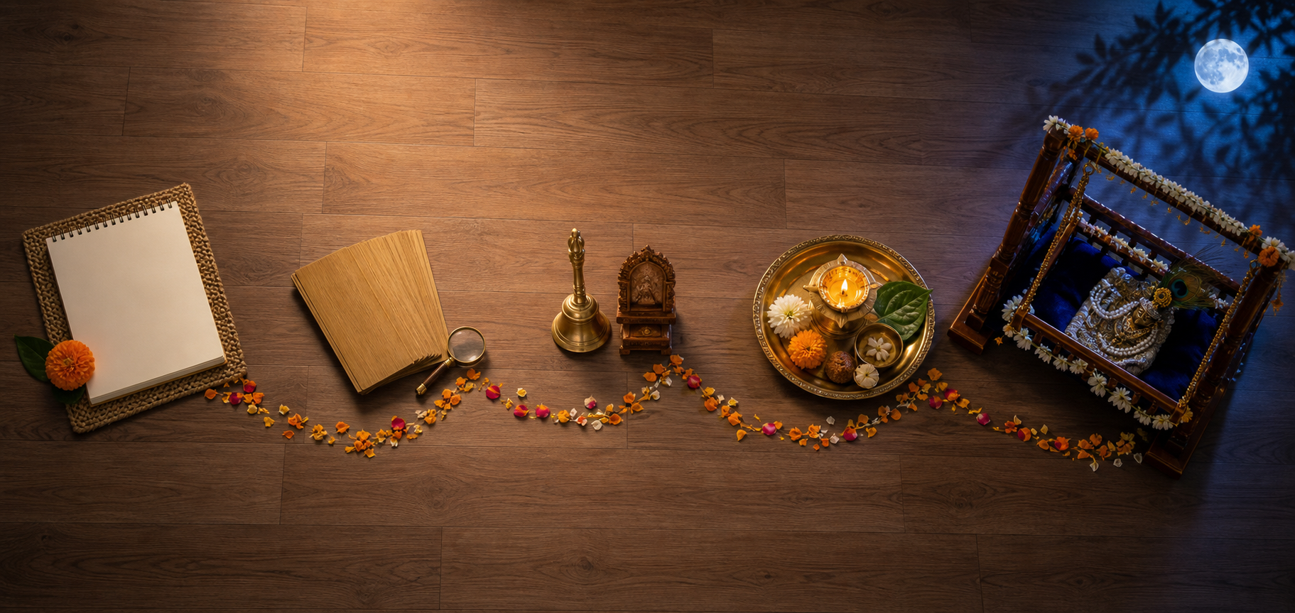 Five groups of Janmashtami planning objects lead from an unmarked calendar and almanac to a prepared puja tray and infant Krishna cradle.