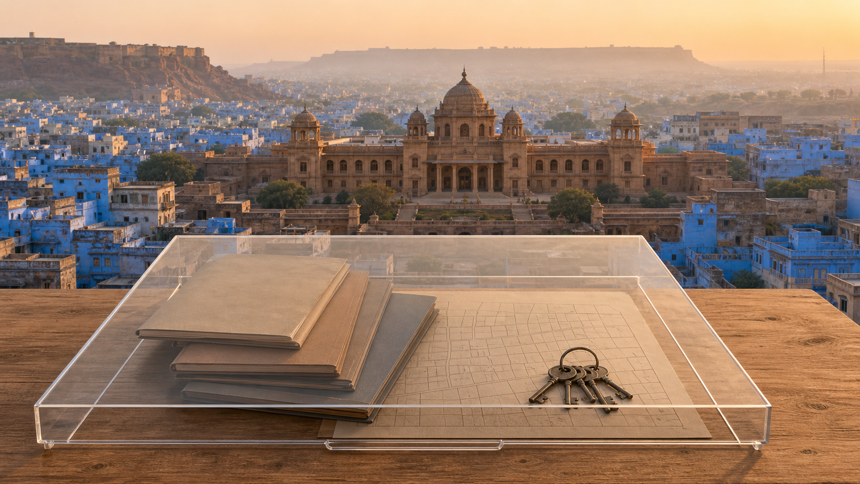 Jodhpur cityscape behind a sandstone courthouse, with closed property files, an unmarked map, and keys protected beneath a transparent cover in the foreground.
