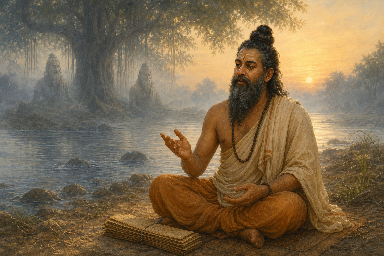 An ancient Indian sage sits beside a misty river with palm-leaf manuscripts while two ancestral sages appear beneath a banyan tree in the background.