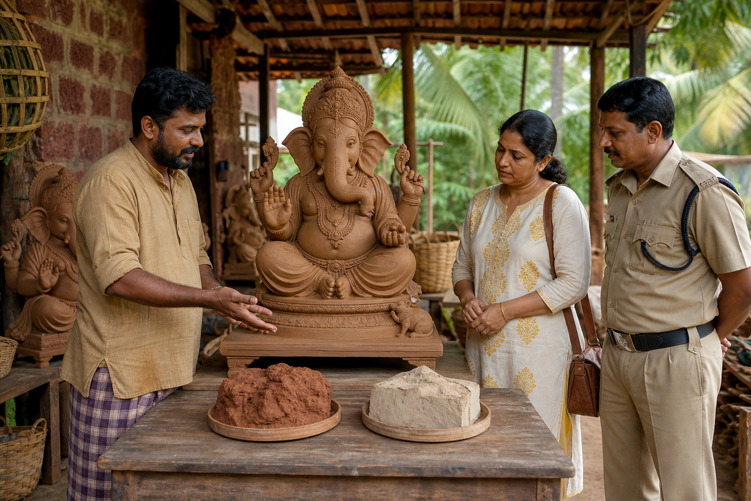 An artisan, buyer, and civil officer examine material samples beside a respectfully displayed clay Ganesh murti at a Goan workshop.