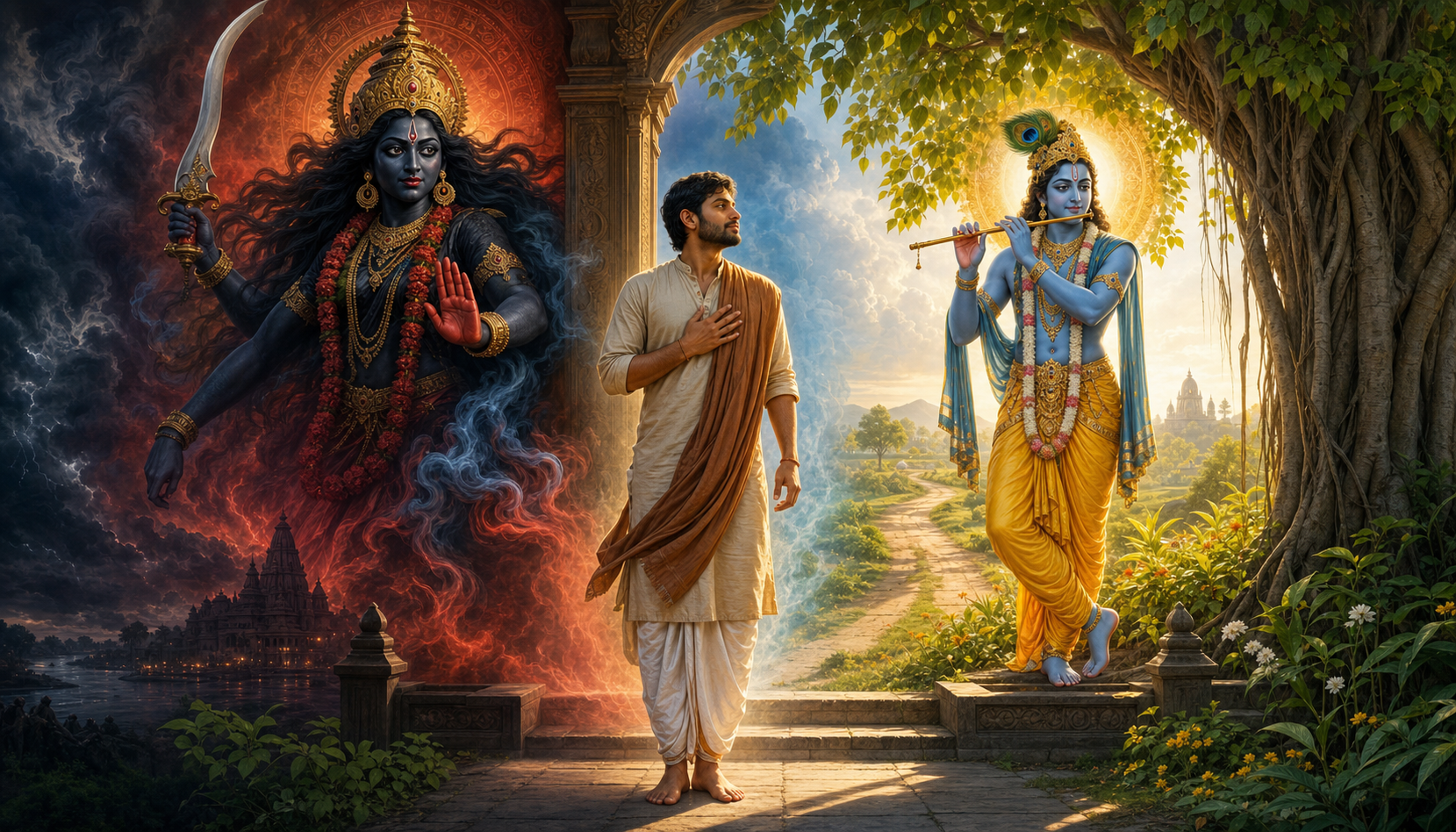 A householder stands between a protective vision of Kali holding a sword and Krishna playing a flute beneath a sacred fig tree.