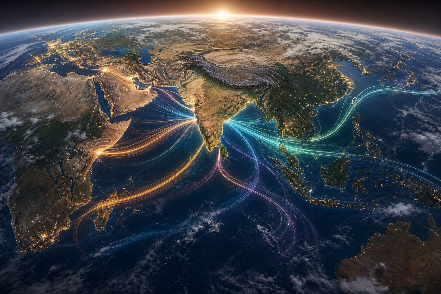 Orbital view of the Indian Ocean and Indian subcontinent surrounded by luminous maritime and diplomatic pathways extending toward several regions of the world.