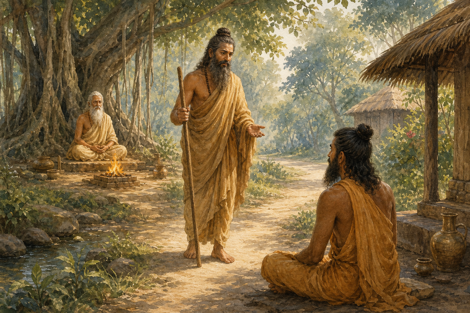 Three generations of ancient Indian sages are arranged along a path in a forest hermitage, with the eldest seated beneath a banyan tree.