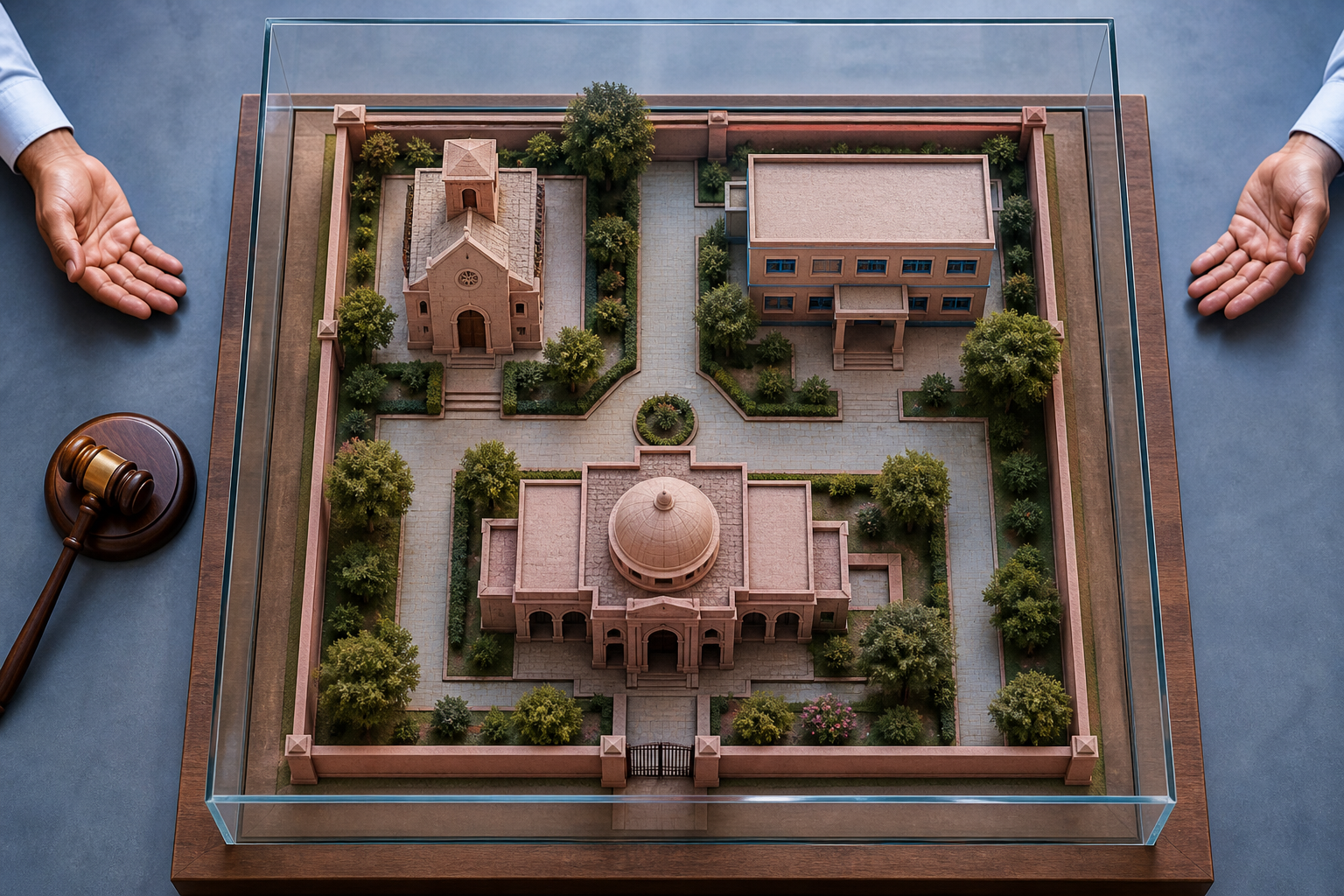 A model urban property containing religious, educational, and civic buildings sits unchanged beneath a clear cover beside an unused gavel.