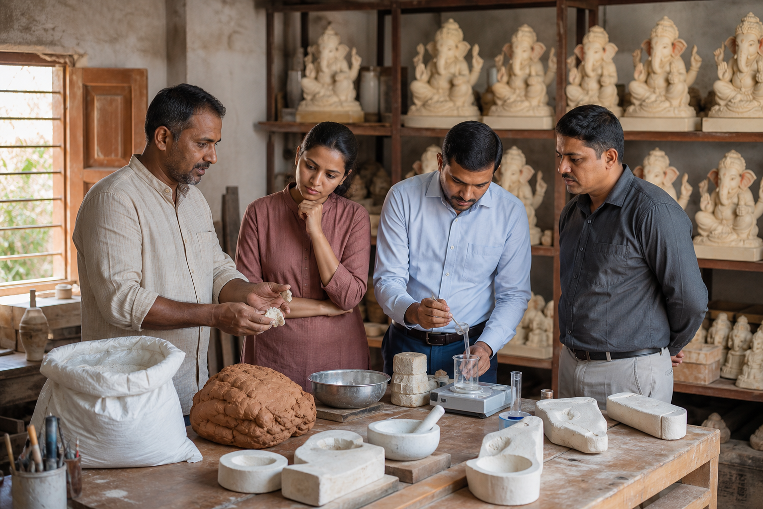 An artisan and inspection team check raw materials and casting samples before Ganesh murtis leave a Goan workshop.
