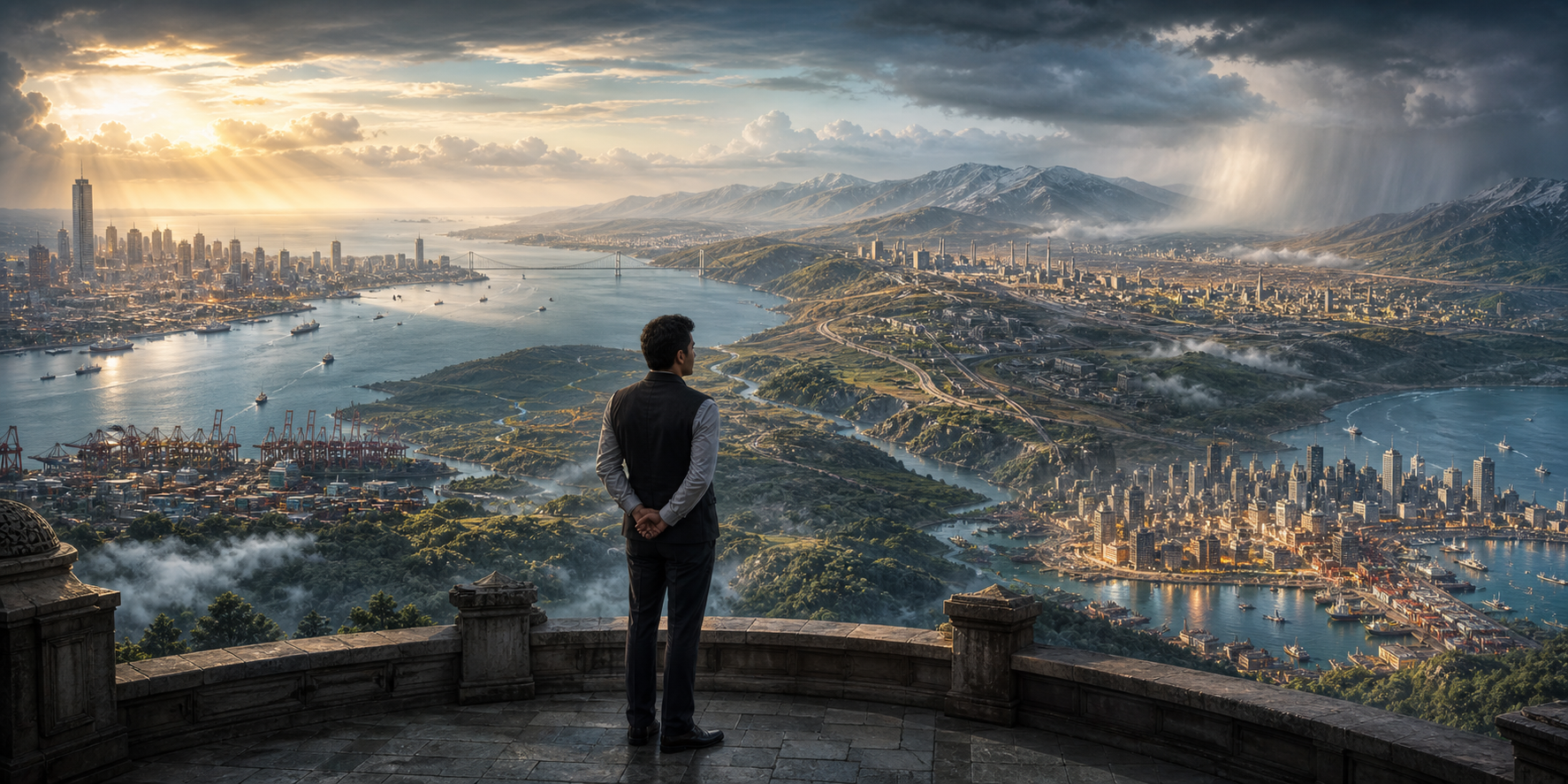 An Indian strategist on a stone terrace surveys several distant and active global power centers beneath changing weather.