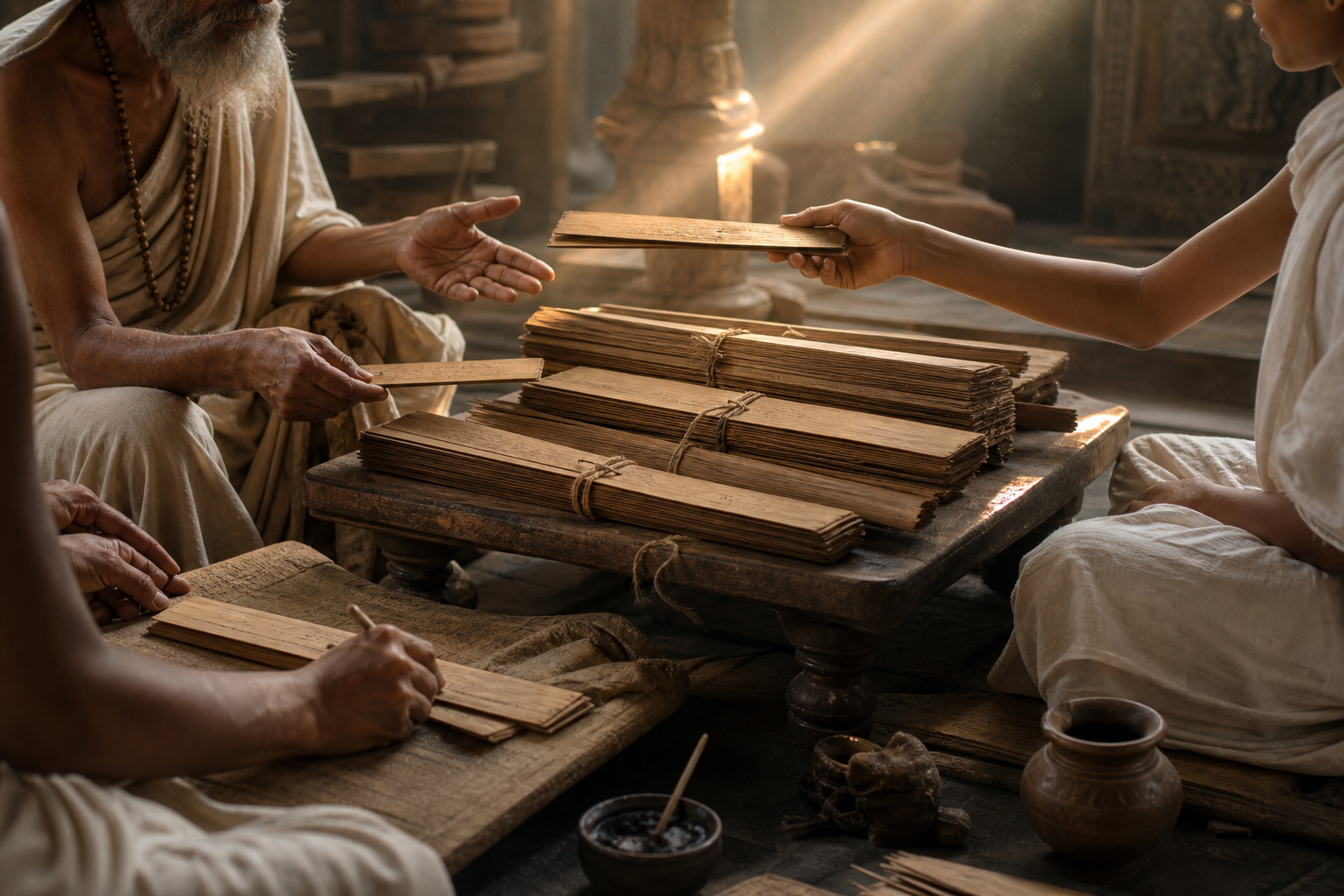 Teachers and students handle and copy bundles of palm-leaf manuscripts in a sunlit ancient Indian teaching hall.