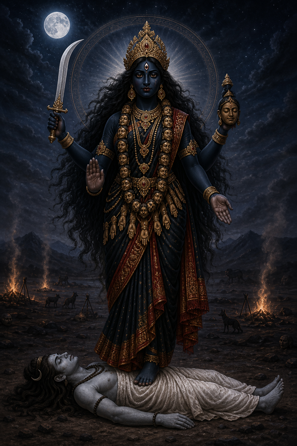 Four-armed, dark-complexioned Kali holds a curved sword and severed head, gives blessing and protection gestures, and stands on the still figure of Shiva in a moonlit cremation ground.