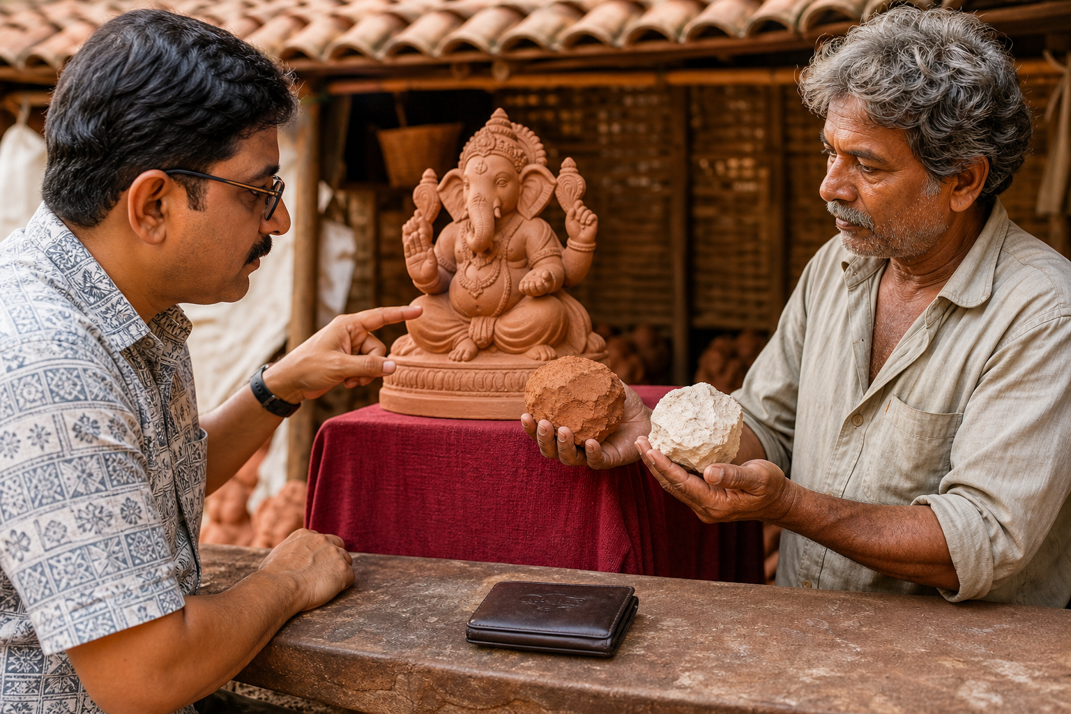 A buyer examines raw material samples with an artisan before paying for a Ganesh murti at a Goa market stall.