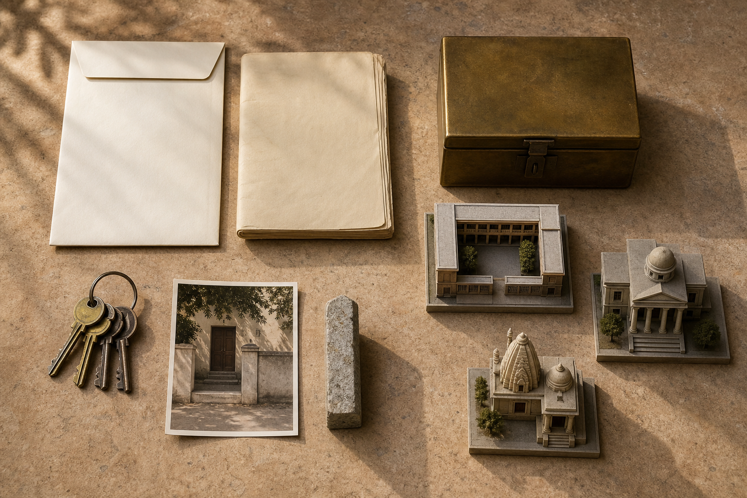 Four separated groups on a table show a notice envelope, title papers, property keys and boundary evidence, and models representing how buildings are used.