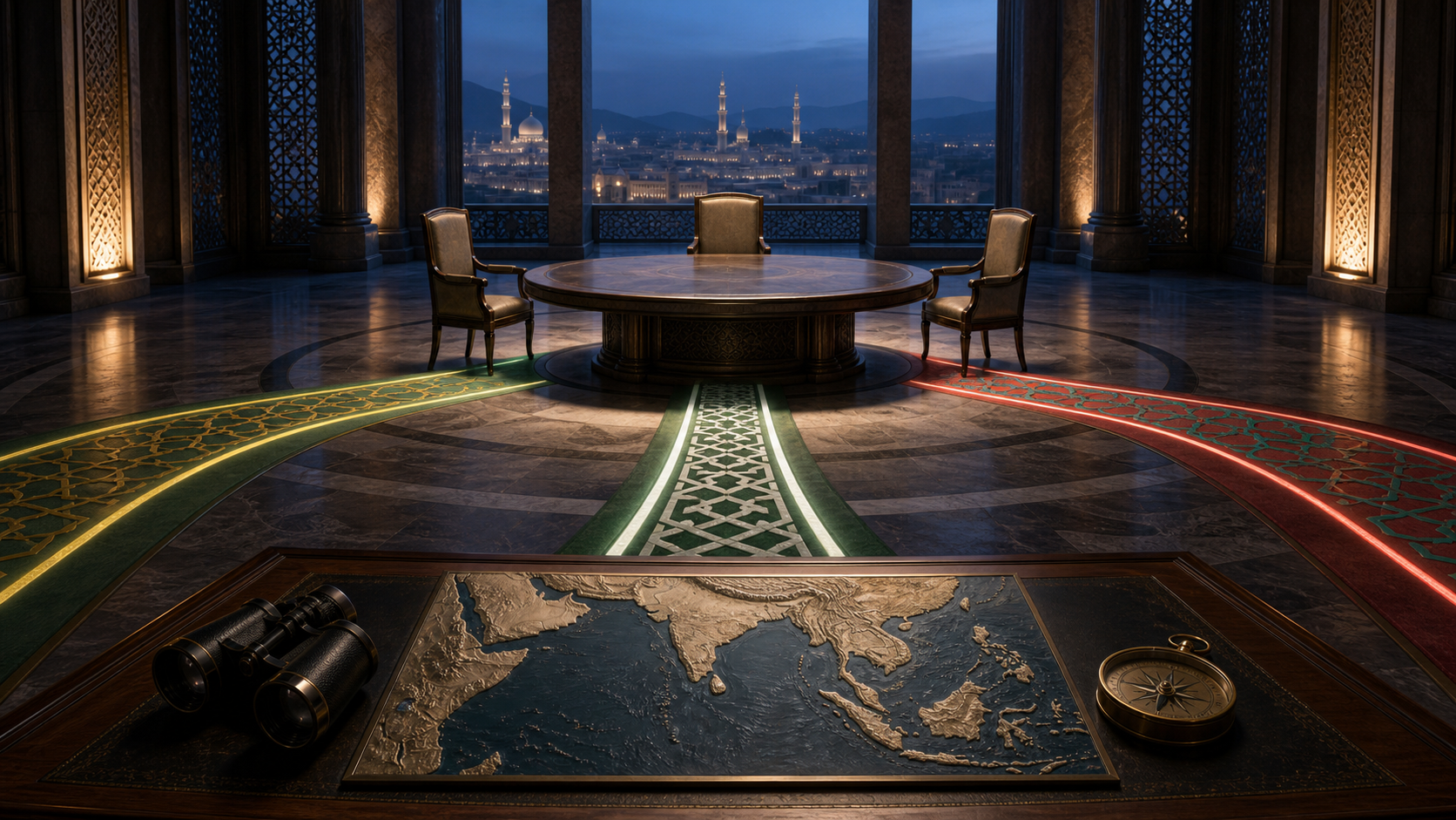 Editorial illustration of three empty chairs around a diplomatic table overlooking a Mecca skyline, observed from a foreground desk with binoculars, a compass, and an unlabeled regional map.