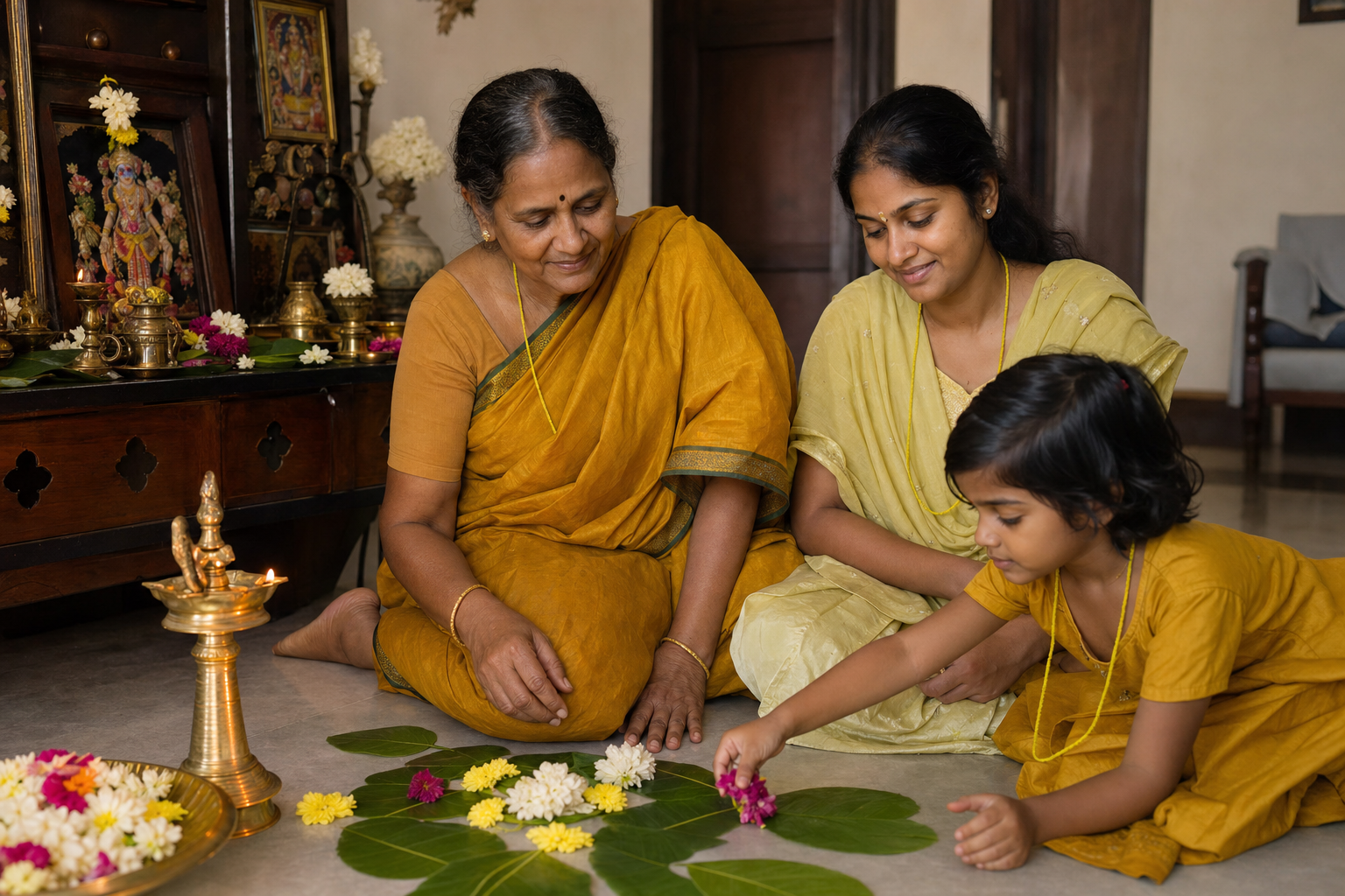 Three generations gather beside a completed Karadaiyan Nombu altar, with two women wearing yellow sacred threads and a child placing flowers.