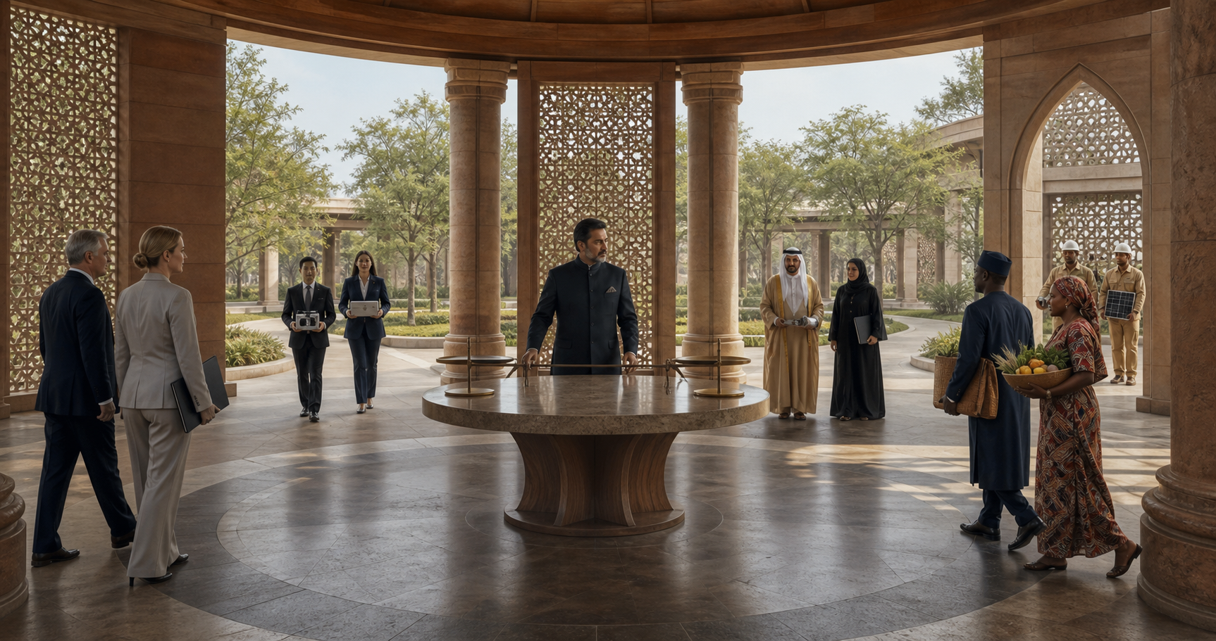 An Indian diplomatic figure evaluates offerings from several international delegations in a circular pavilion with multiple open pathways.