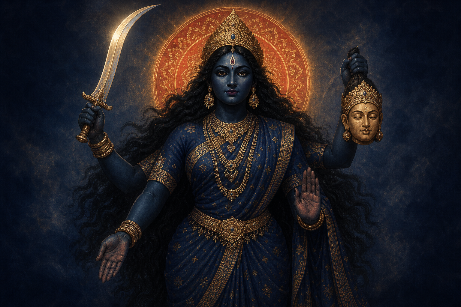 Close view of Kali's four arms holding a curved sword and a severed head while her two open hands make protection and boon-giving gestures.