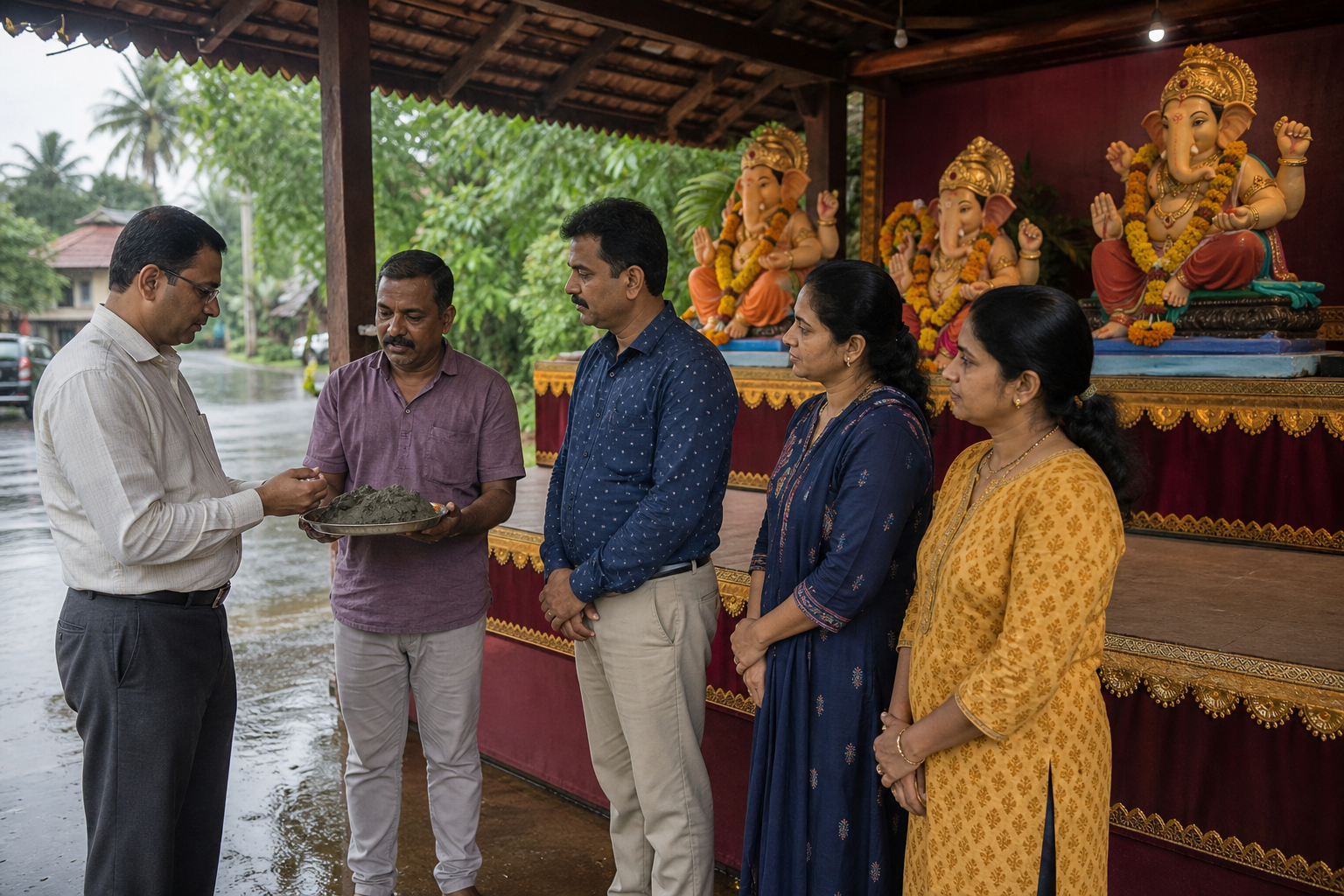 A civil officer calmly discusses a material sample with an artisan and devotees beside respectfully displayed Ganesh murtis in Goa.