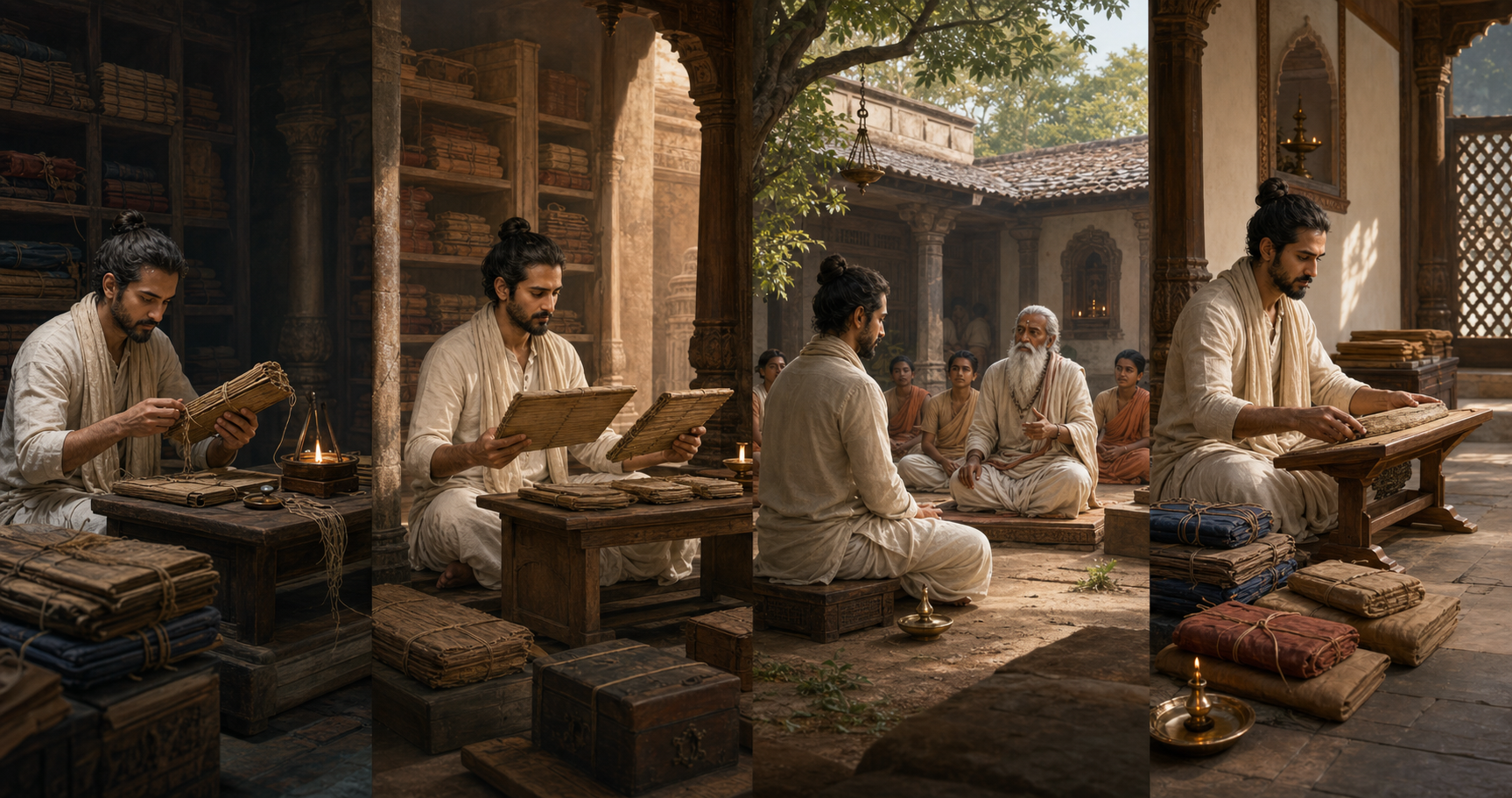 A researcher examines, compares, and sorts palm-leaf manuscripts across four stations in a traditional archive.