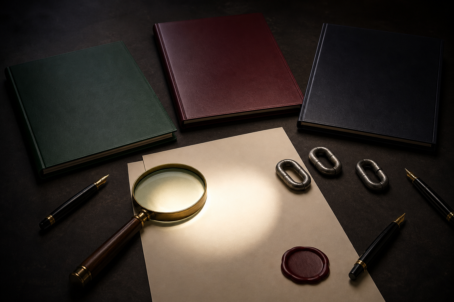 Three blank agreement folders, unused pens, a magnifying glass, and three separate steel chain links rest on a dark diplomatic table.