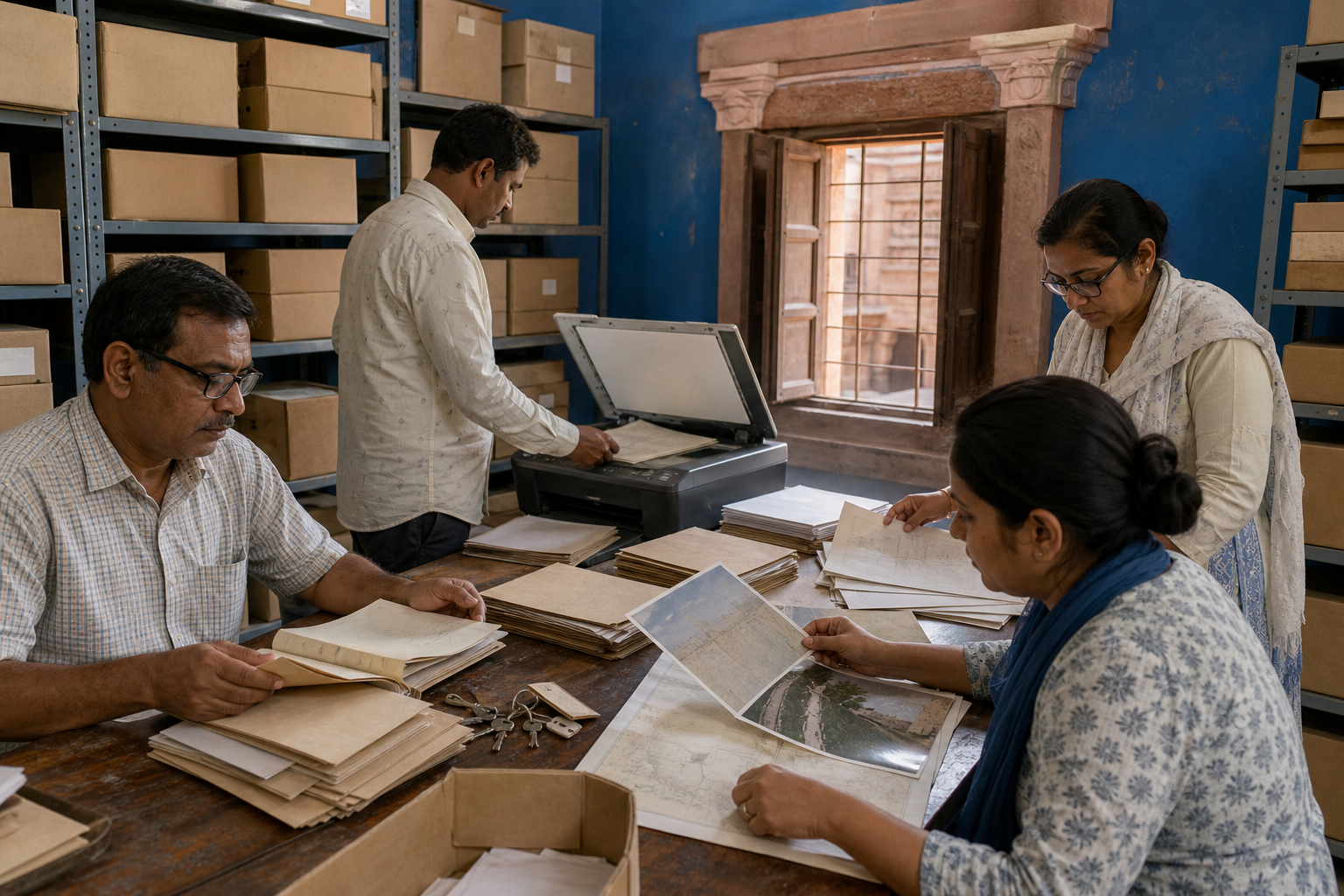 Property custodians and records staff scan deeds, compare a survey map with boundary photographs, and organize records in a Jodhpur archive room.