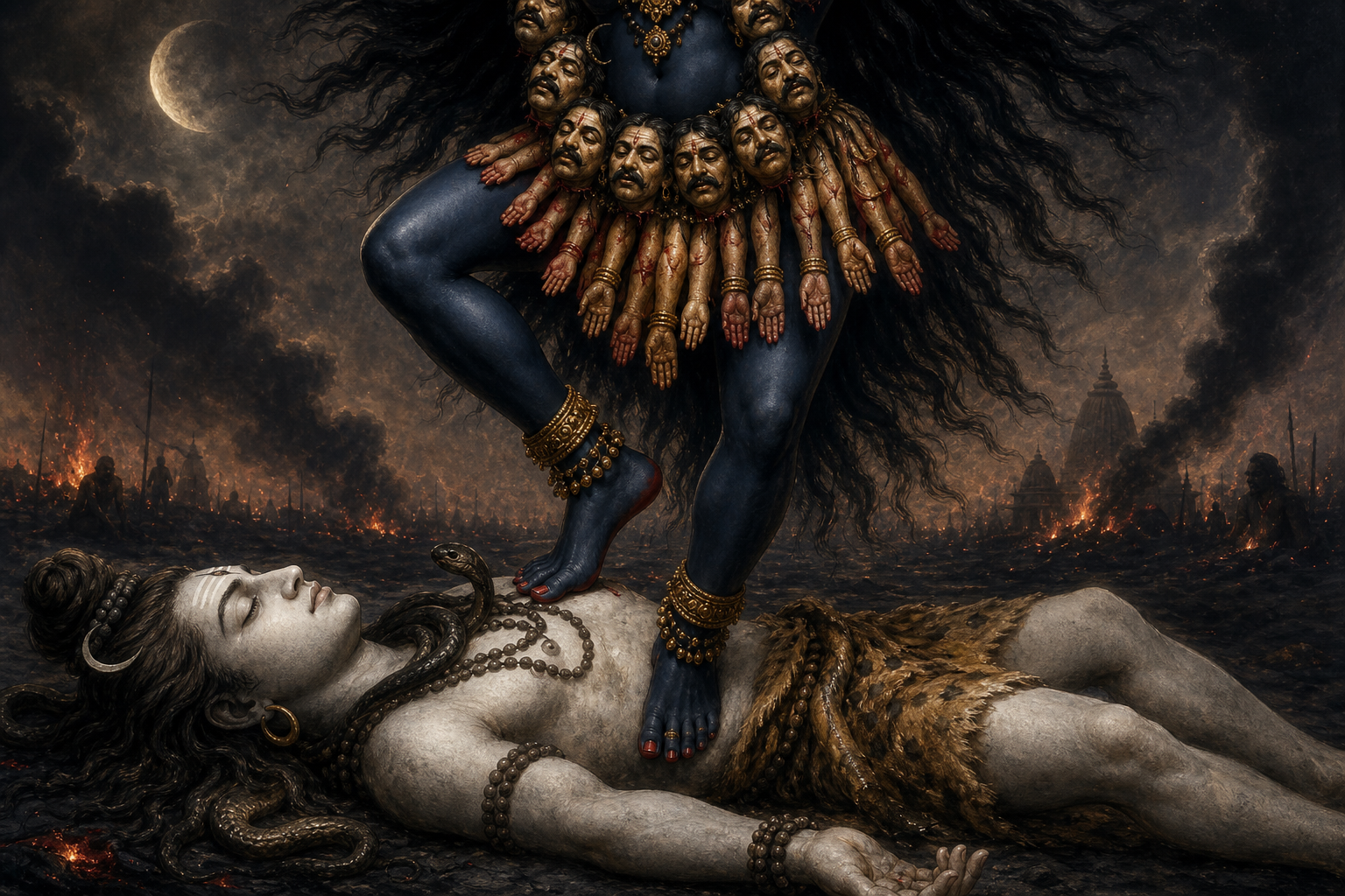 Detail of dark Kali in motion above the pale, motionless Shiva, with a garland of heads, a girdle of arms, flowing hair, ash, and distant embers.