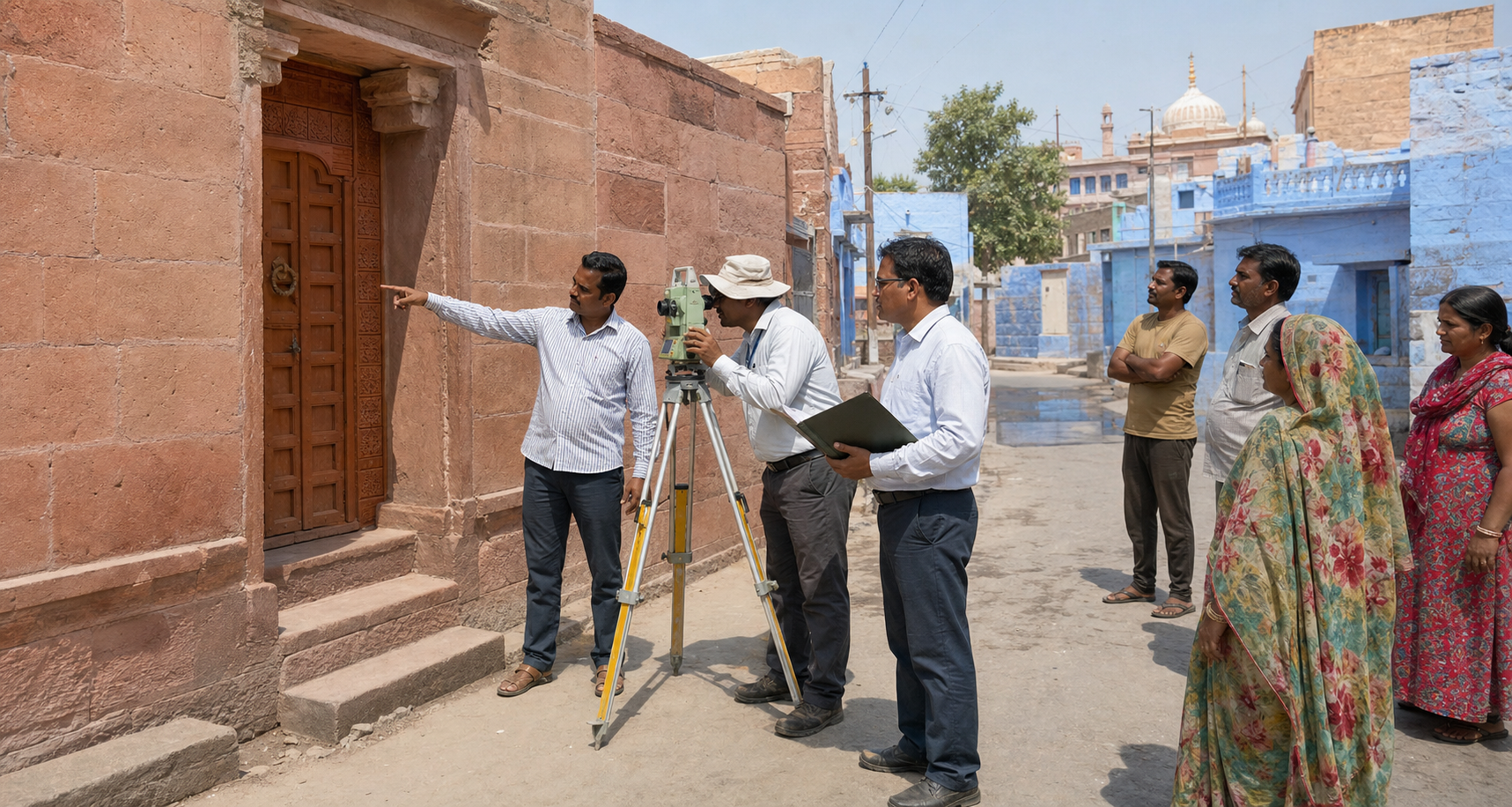 A surveyor, records officer, custodian, and residents calmly inspect the boundary of one sandstone property in a Jodhpur neighborhood.