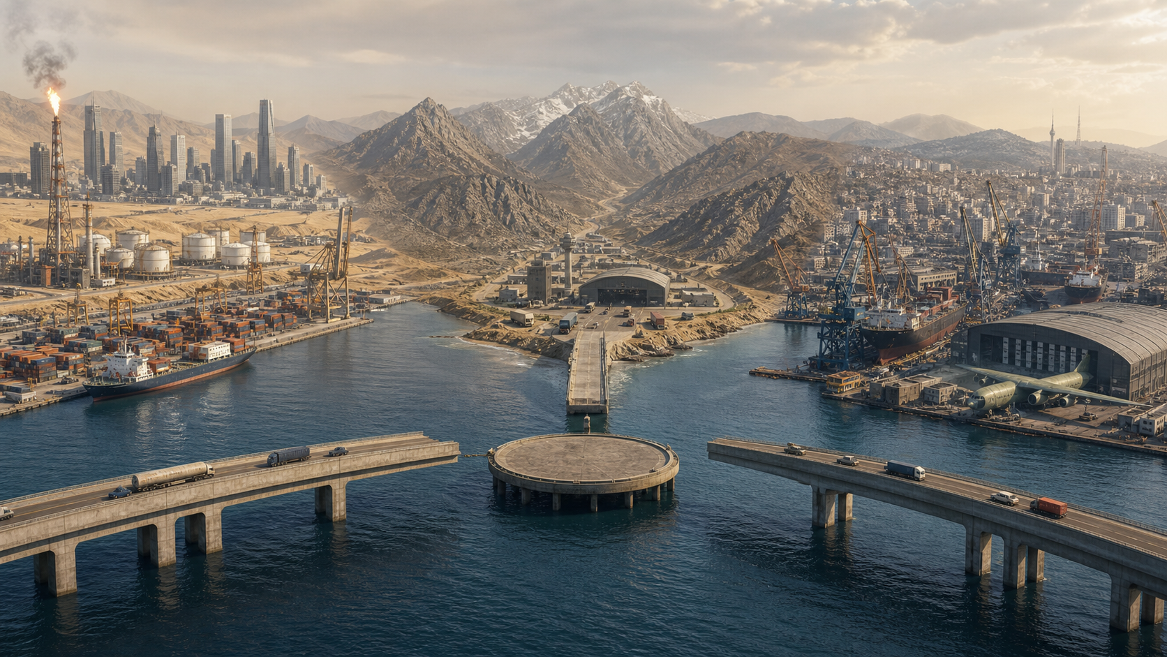A Gulf port, a South Asian mountain logistics corridor, and an Anatolian industrial coast each send an unfinished bridge toward the same central platform.