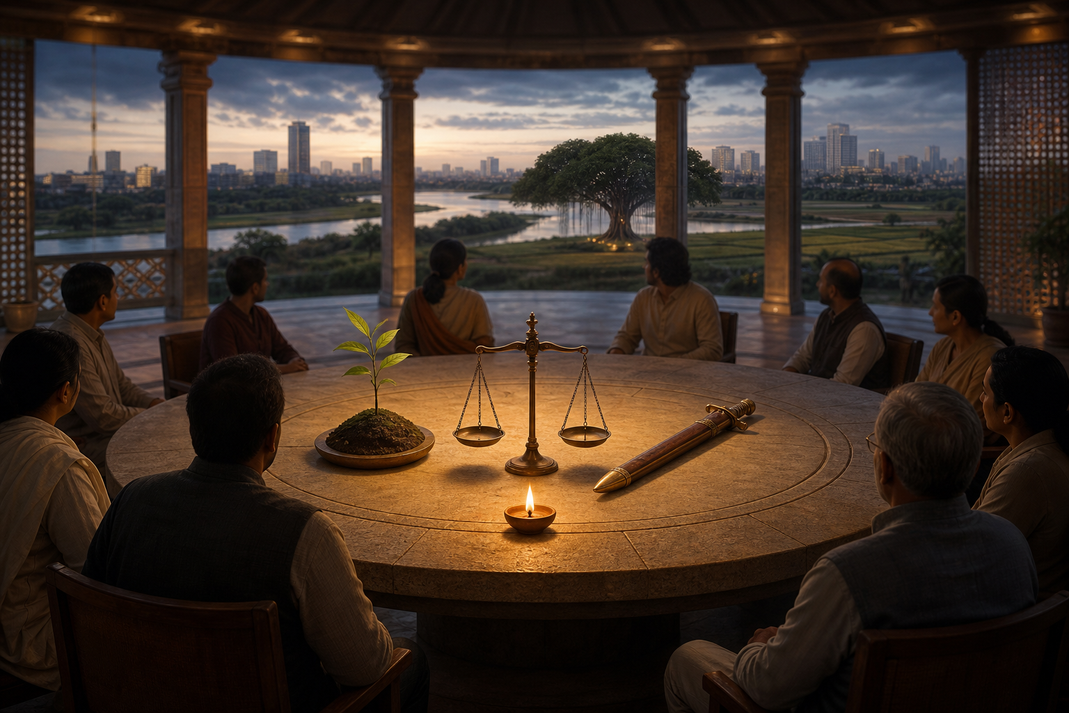 Indian advisers gather around a lamp-lit council table with symbols of future generations, justice and restrained force, overlooking a river, fields and a city.