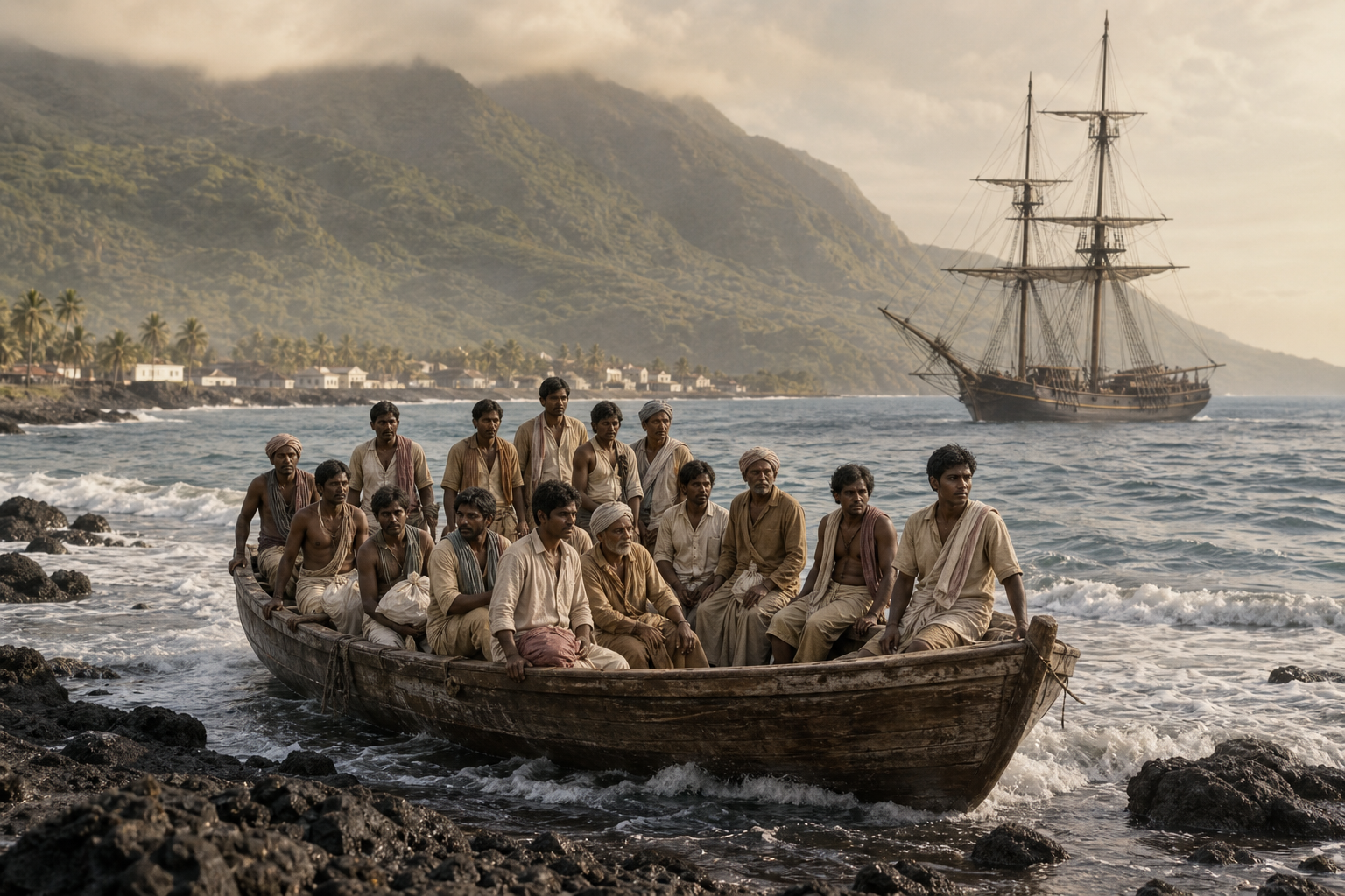 A small sailing vessel lies off the mountainous coast of Bourbon Island as Indian agricultural workers approach the shore in a boat carrying modest bundles.