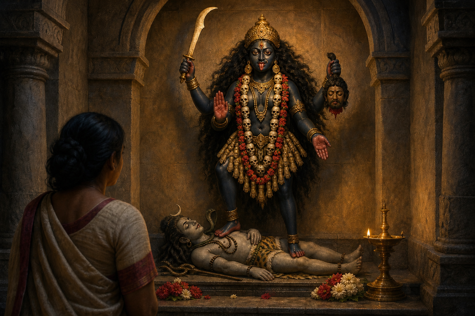 A viewer examines a four-armed image of Kali in a lamplit shrine, looking from the goddess's hands and ornaments down to Shiva beneath her feet.