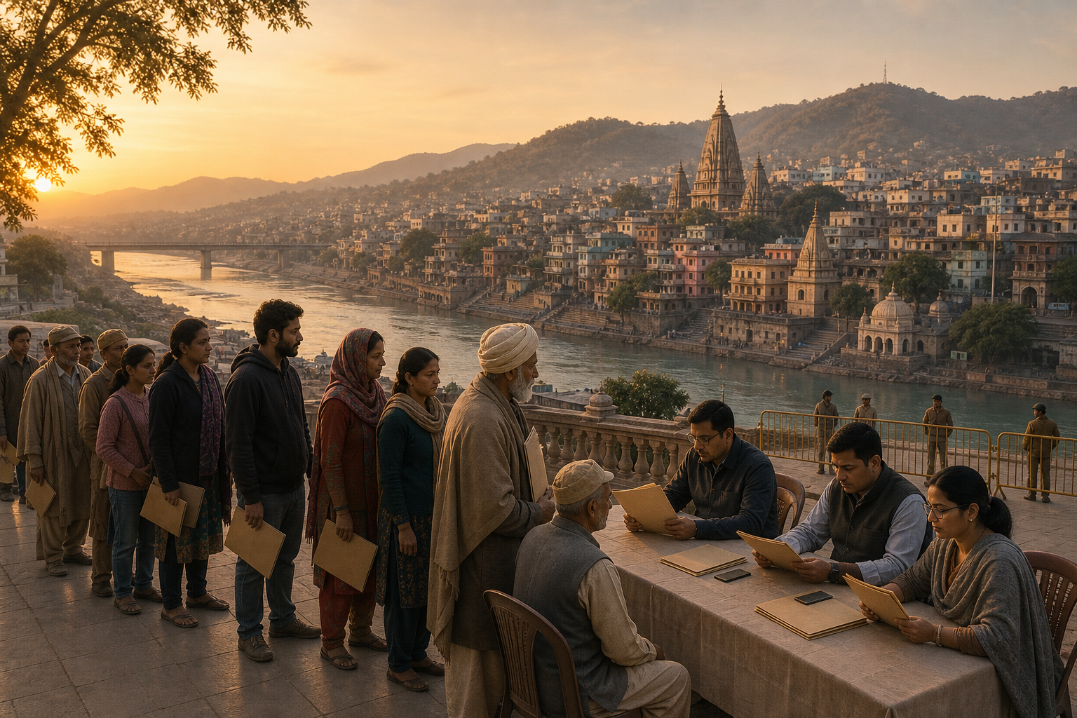 Jammu cityscape beside the Tawi River with residents waiting at an orderly document verification desk in the foreground.