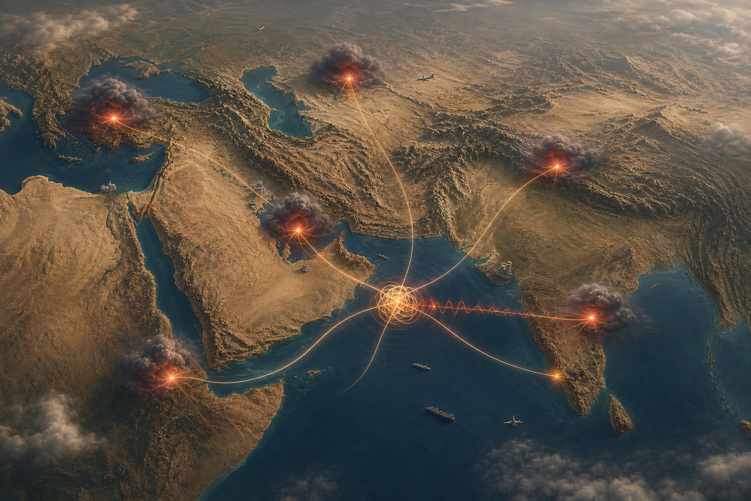 Several localized storms over an unlabeled relief map from the eastern Mediterranean to South Asia are connected by glowing threads to a central knot above the sea.
