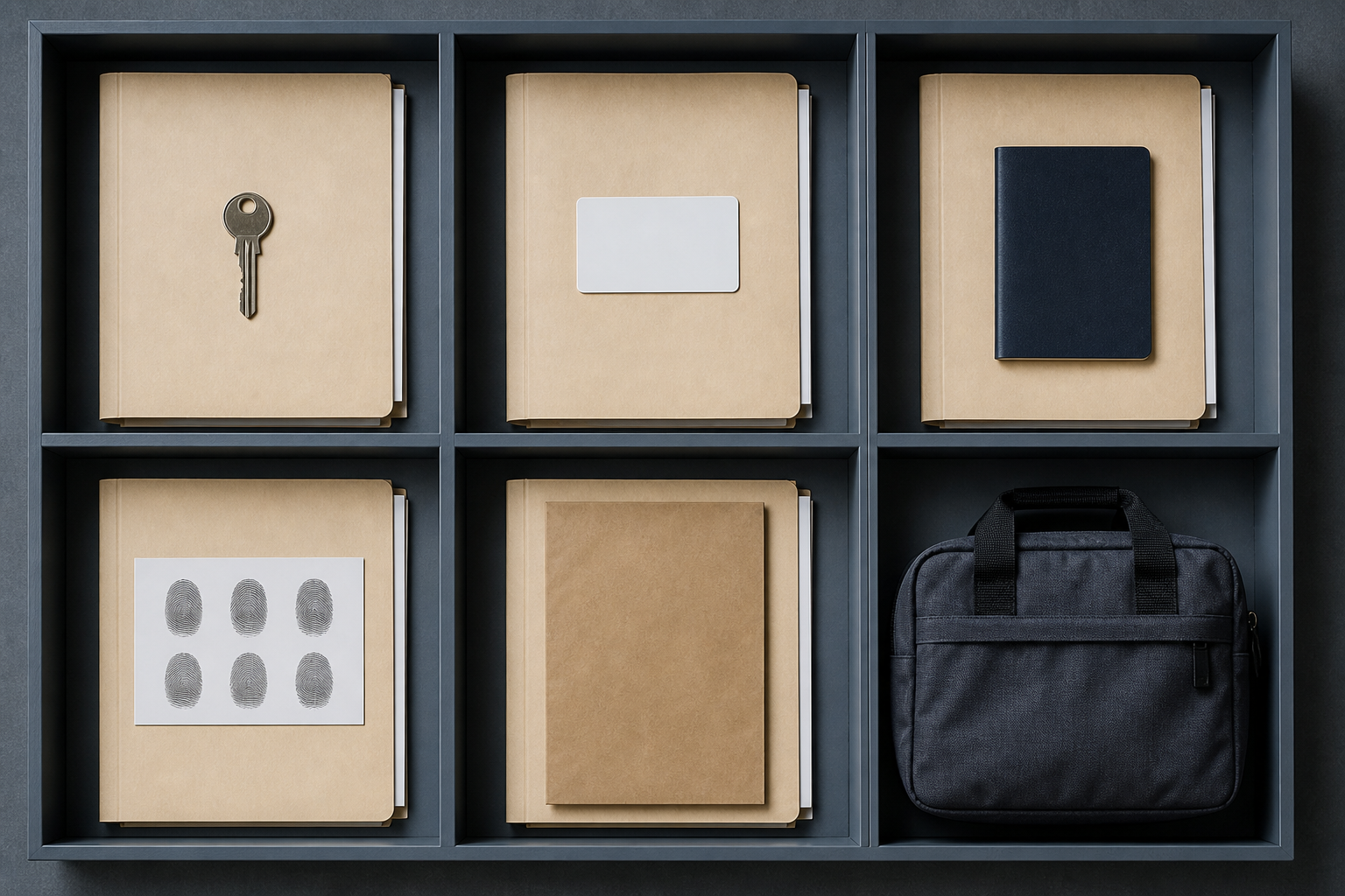Separate compartments hold unmarked folders and objects representing different residence and identity categories.