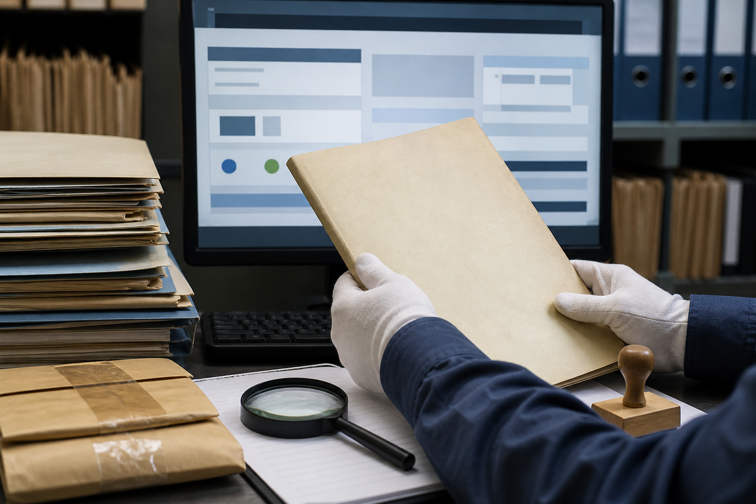 Officials compare an unmarked case file with a digital records system at a government verification desk.