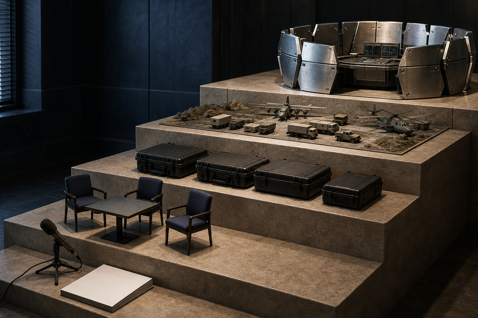Five stone steps hold progressively more concrete objects, from a microphone and blank folder to exercise models and interlocking metal components around a command console.