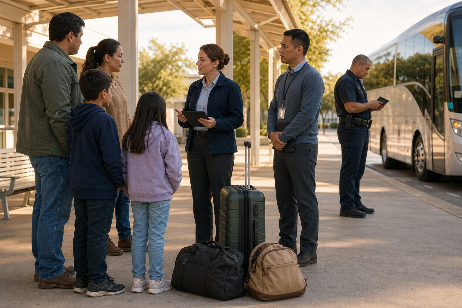 A family with luggage meets officials and a legal observer during an orderly travel-document review near a waiting bus.