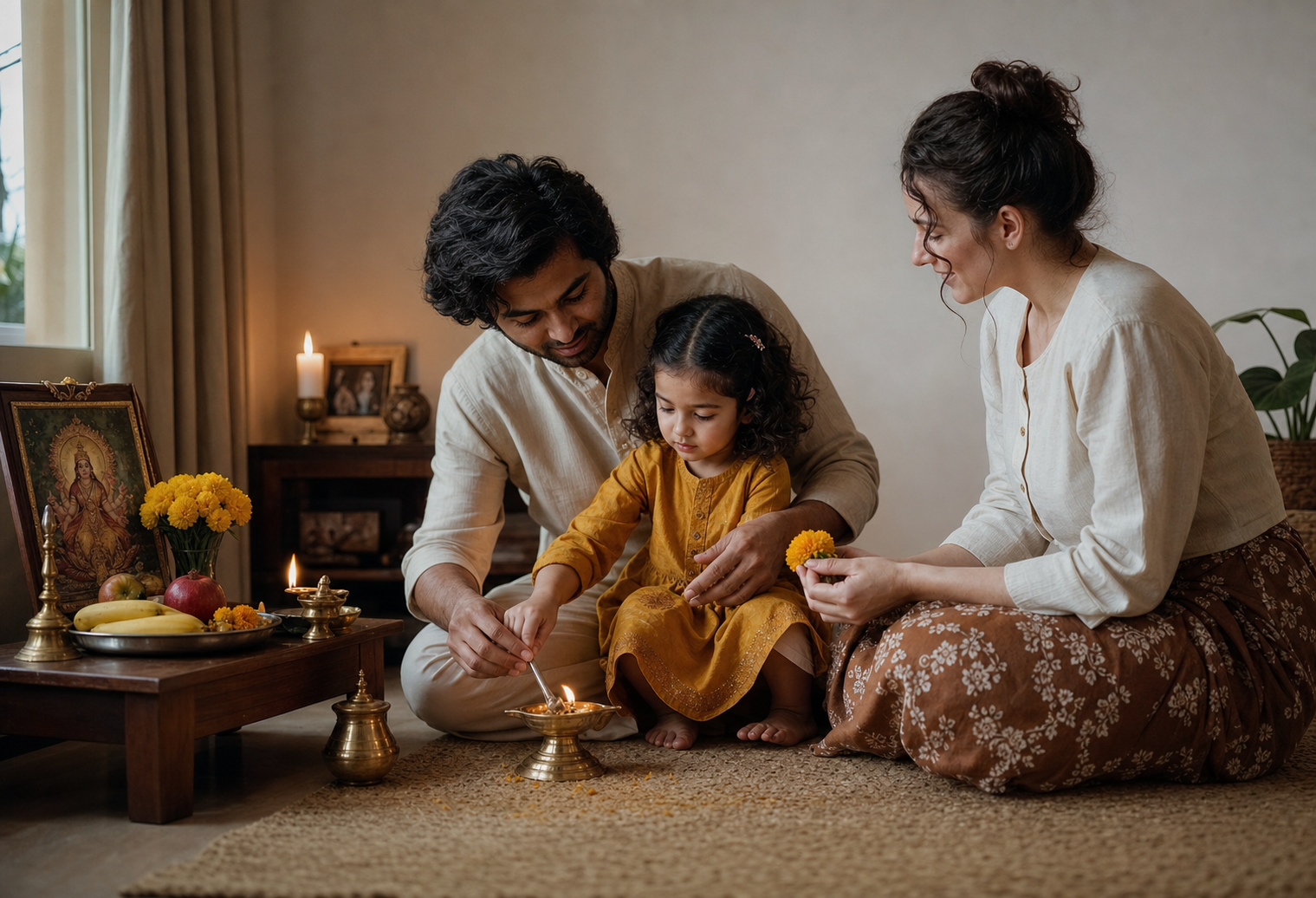 Two parents and their young child share a quiet evening ritual beside a Hindu home shrine and family religious keepsakes.
