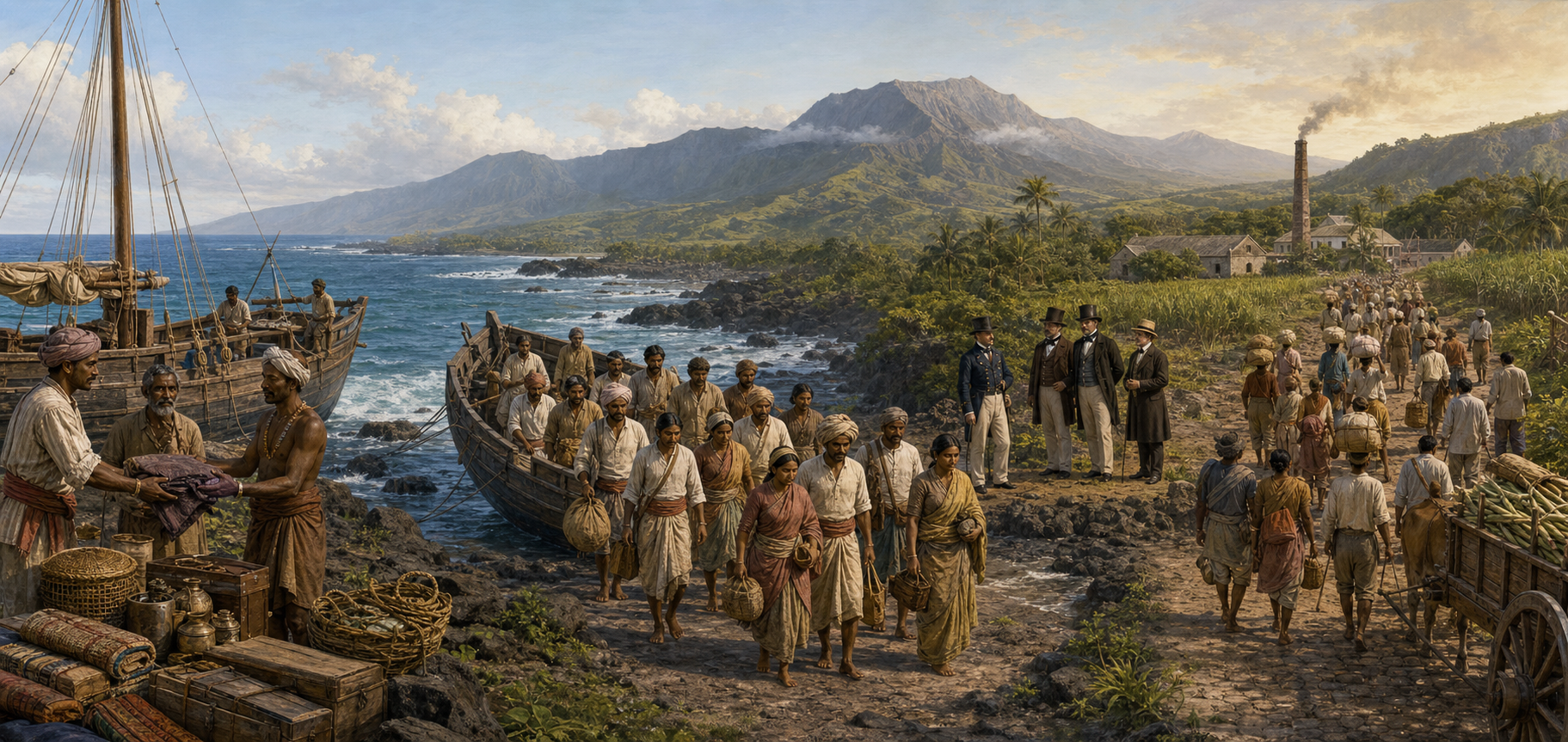 Three connected historical scenes show Indian maritime presence before 1828, a small group of contracted workers disembarking in 1828, and a later, larger movement of plantation laborers.