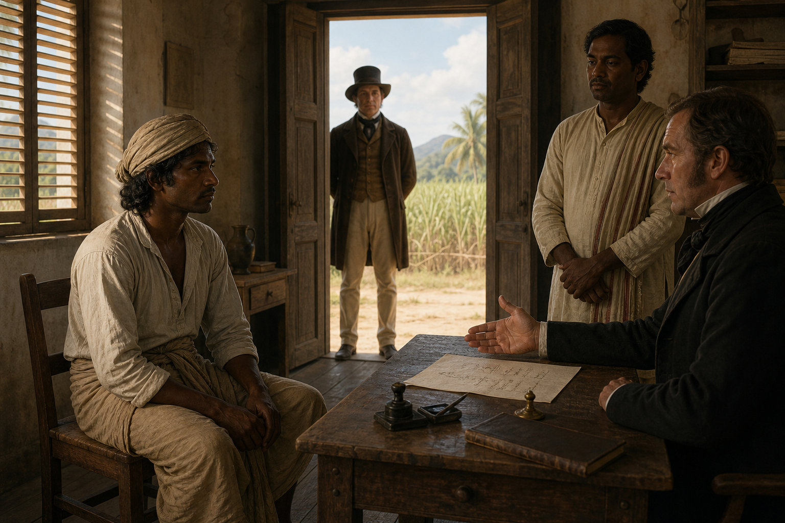 An Indian agricultural worker sits before a paper contract while a recruiter, interpreter, and estate agent occupy a sparse colonial office near cane fields.