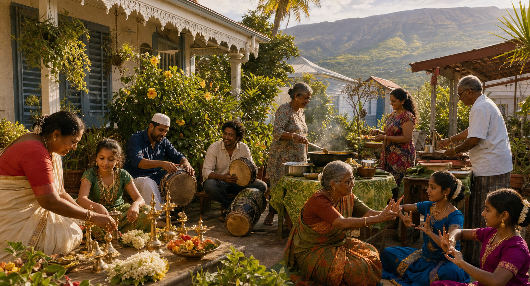 Several generations gather in a Réunion courtyard with flower garlands, lamps, traditional percussion, shared food, and an elder demonstrating a dance gesture.