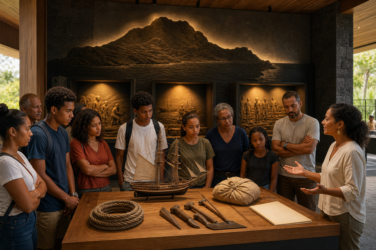 Students and adults examine a model sailing ship, travel bundle, tools, rope, and an unreadable contract facsimile in a museum display about Réunion migration history.