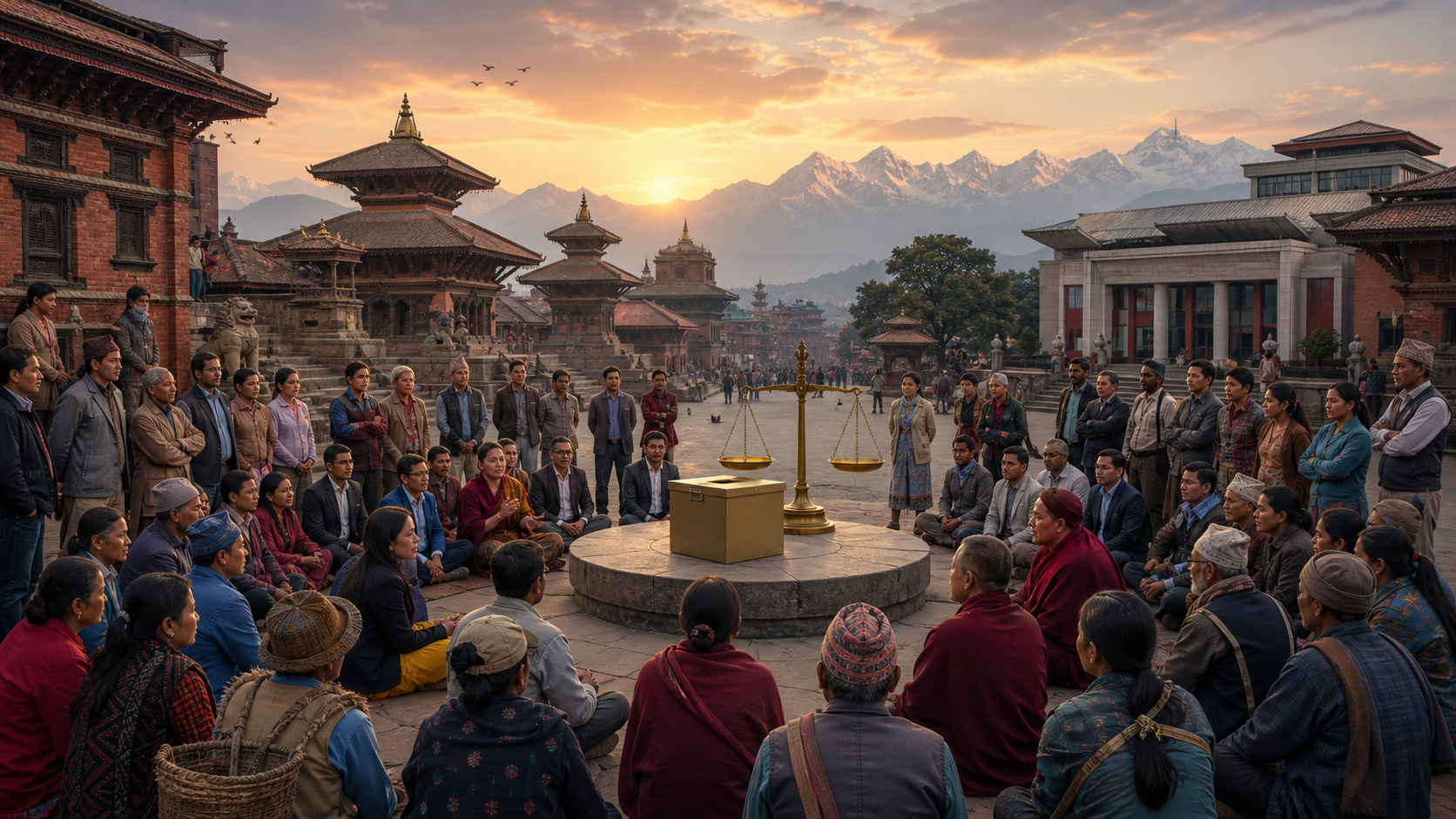 A diverse group of Nepalese citizens deliberates at a Kathmandu crossroads between traditional temple roofs and a modern civic building, with an unmarked ballot box and balanced scale at the center.