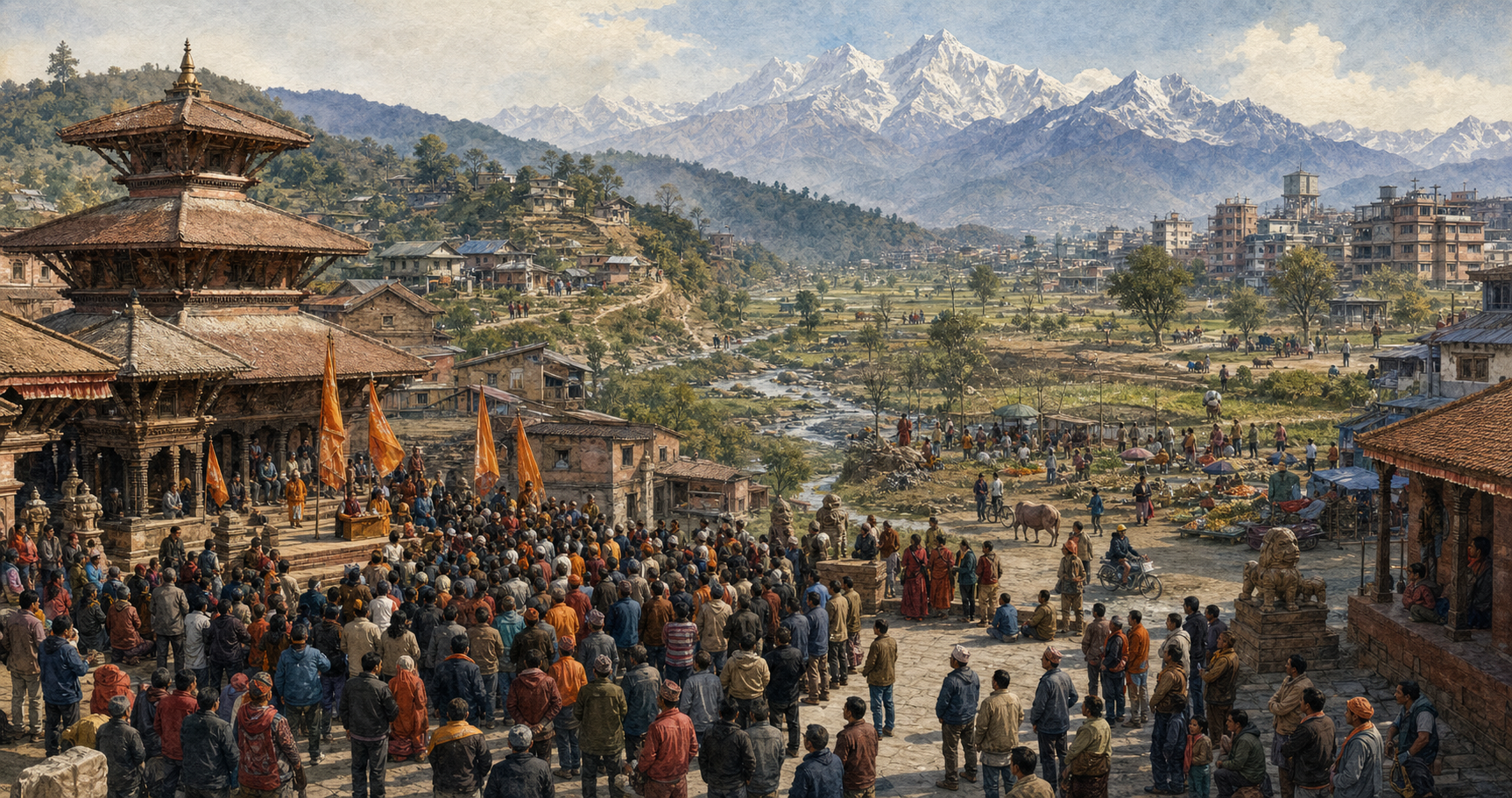 A peaceful gathering in a Kathmandu square is shown within a wider Nepalese landscape of hill, mountain, Terai, and urban communities whose residents respond in different ways.