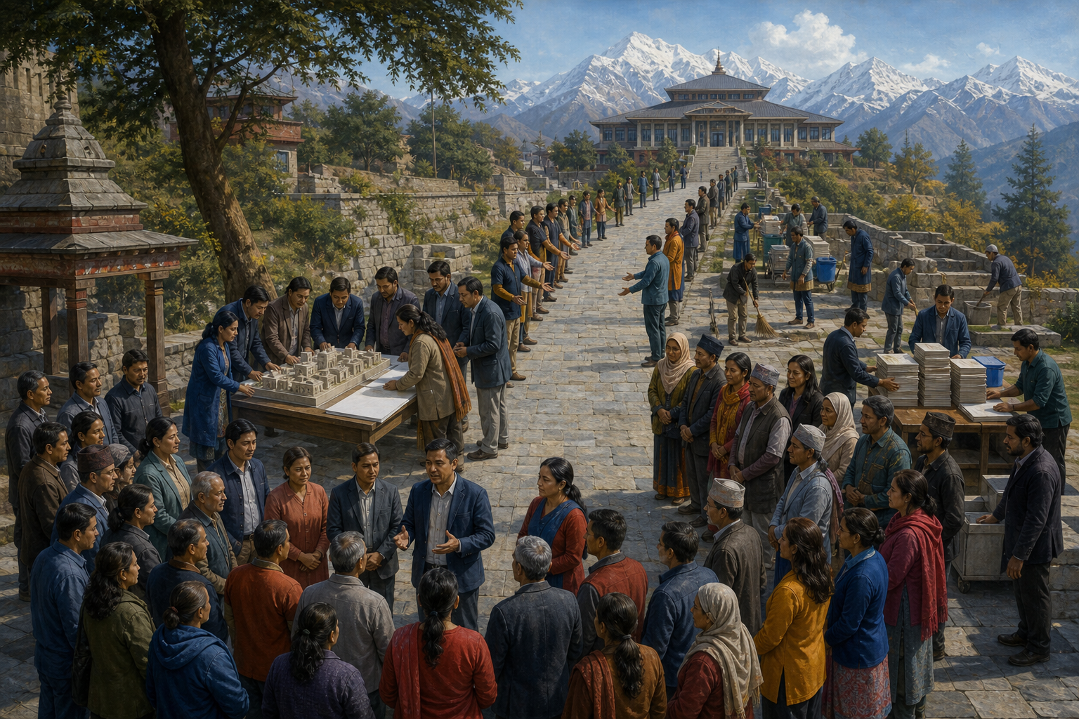 Five civic checkpoints on a Nepalese stone walkway depict broad participation, constitutional planning, peaceful conduct, inclusion, and institutional capacity before an assembly hall.