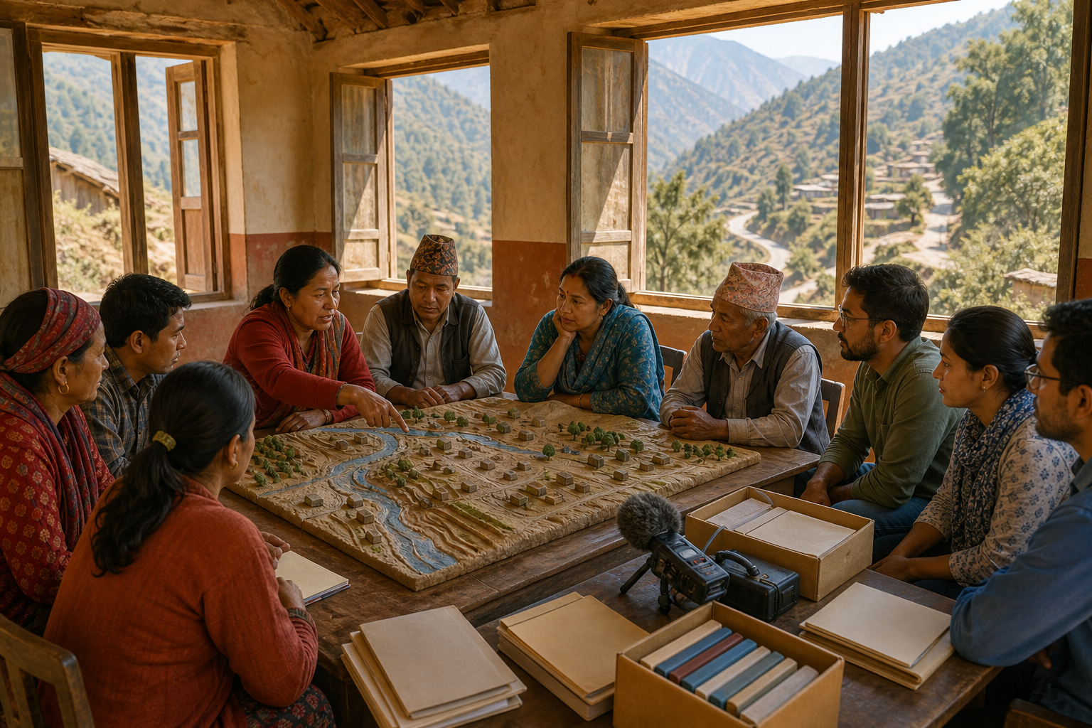 Nepalese organizers lead a community workshop while visiting supporters from India listen and offer practical resources from the side of the table.