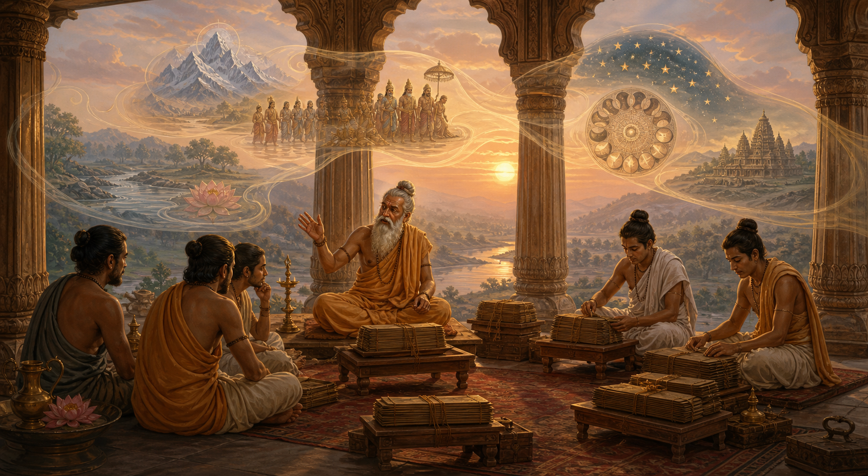 An oral reciter and listeners sit in a pillared pavilion while manuscript keepers arrange tied palm-leaf bundles and symbolic scenes of rivers, mountains, temples, and stars gather around them.