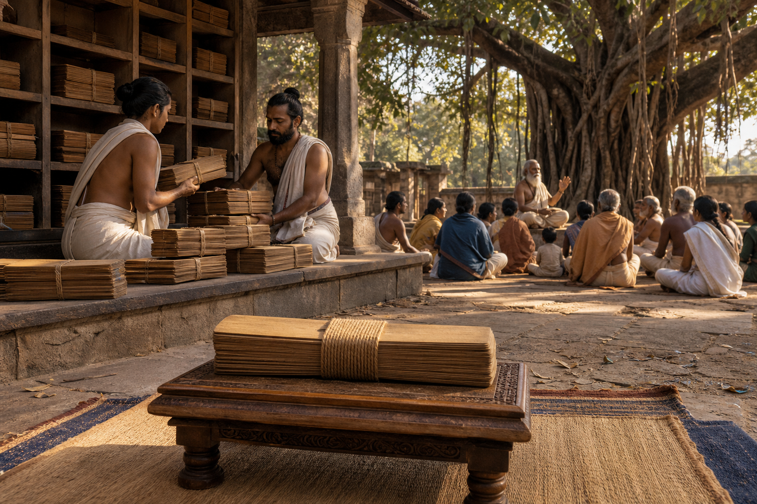 A closed palm-leaf bundle in the foreground leads to an organized manuscript collection and an oral storytelling circle beneath a banyan tree in the distance.