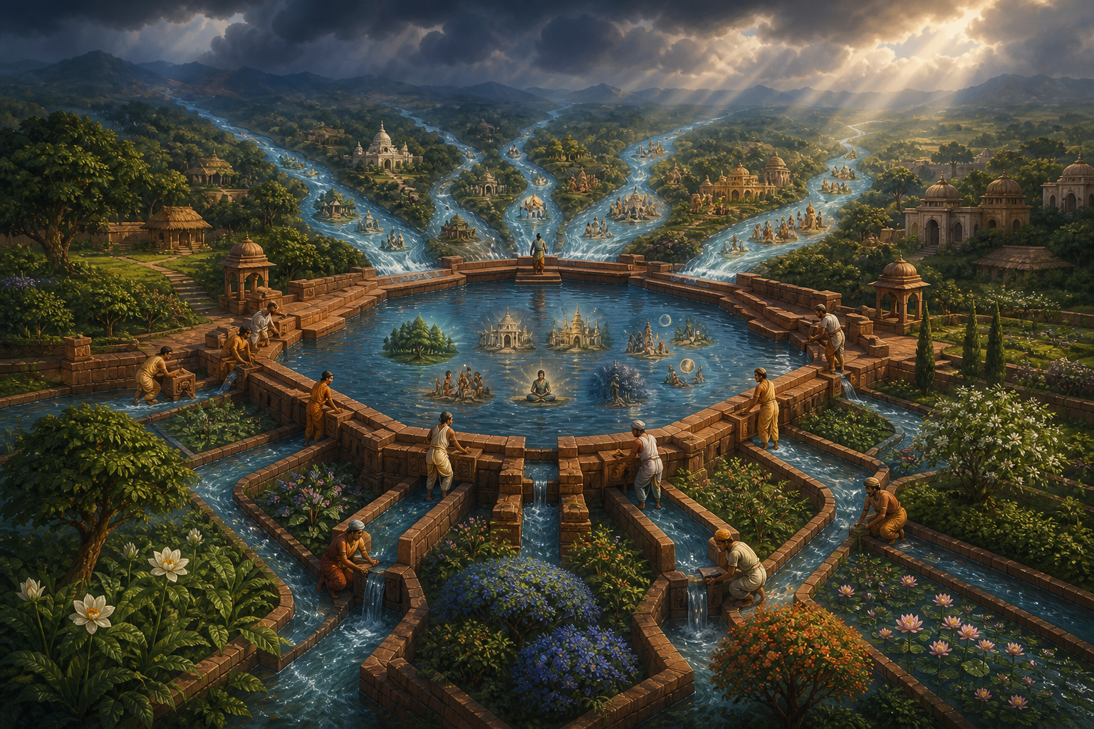 Several story-filled streams converge in a stepped reservoir, where custodians direct the water through channels into varied gardens.