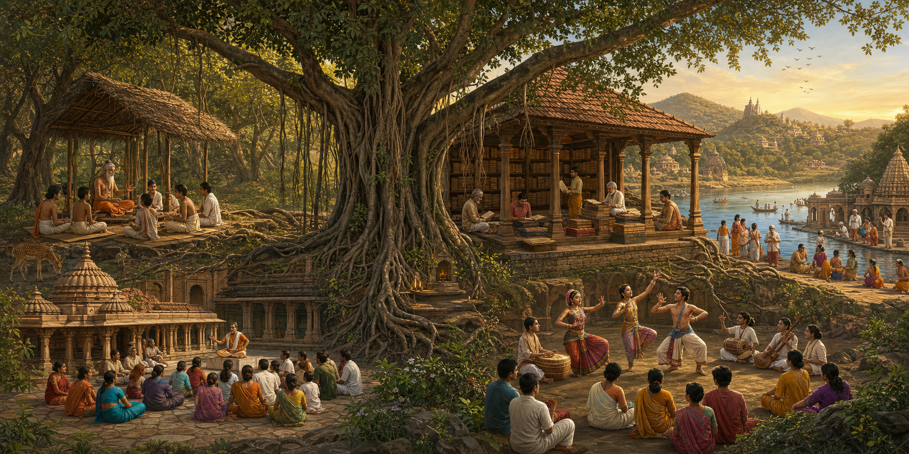 Several communities recite, preserve, perform, and hear traditional narratives in connected settings around the roots and branches of a large banyan tree.